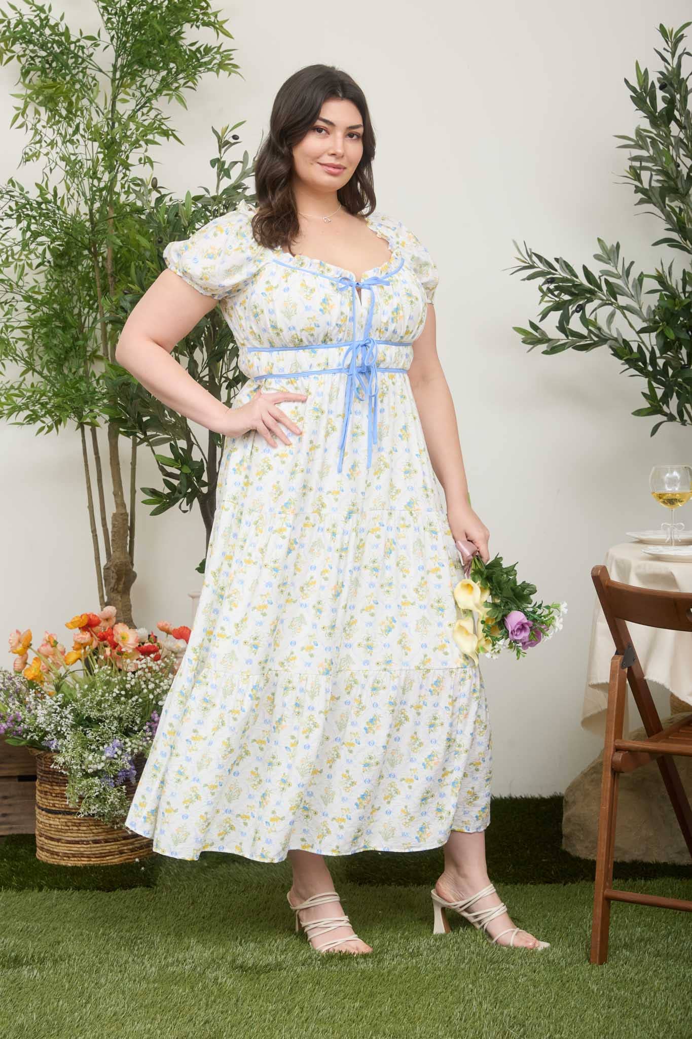 PLUS FLORAL TILE PRINT CONTRAST TIE DETAIL MIDI DRESS