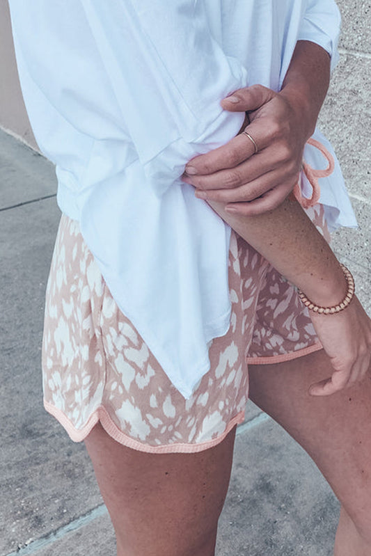 Khaki Classic Leopard Arched Hem Elastic Waistband Casual Shorts