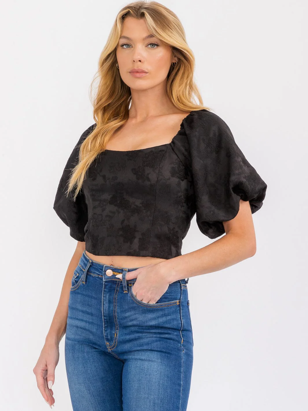 PUFF SLEEVE SQUARE NECK Jaquard CROP TOP