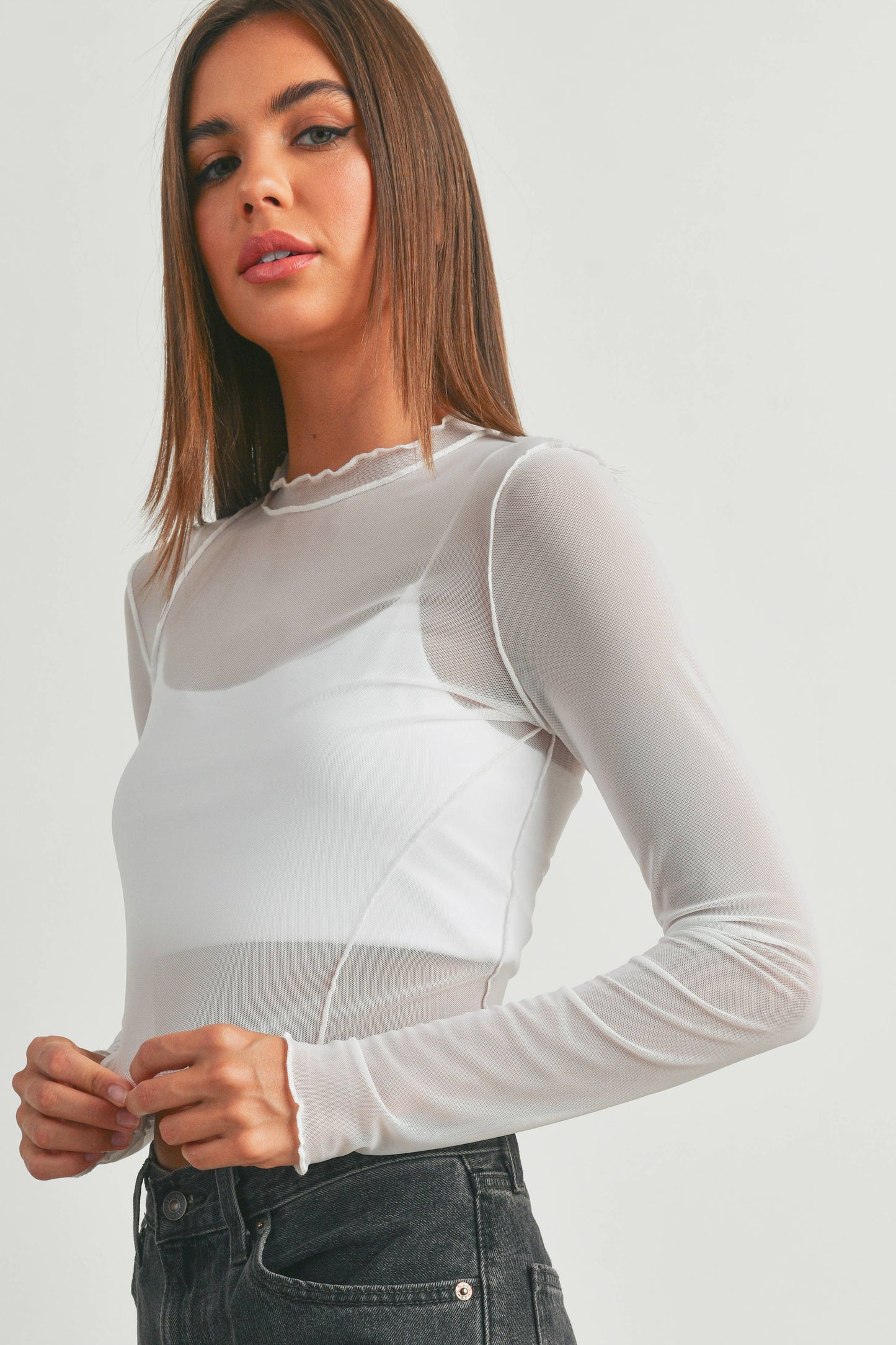 Mesh Merrow Edge Detail Long Sleeve Top - BMT7137: WHITE / L
