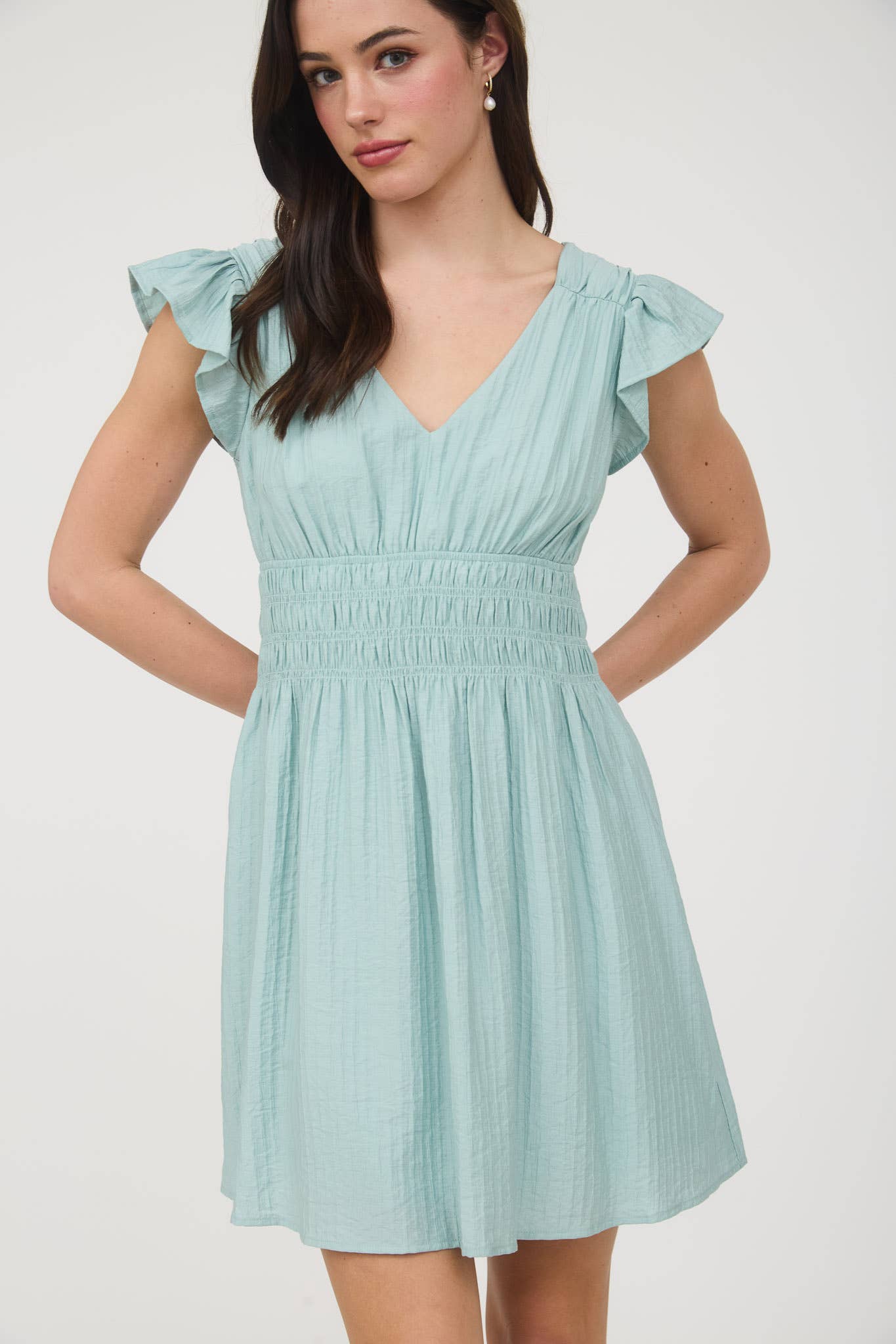 V NECK SHIRRED WAIST RUFFLE SLEEVE MINI DRESS