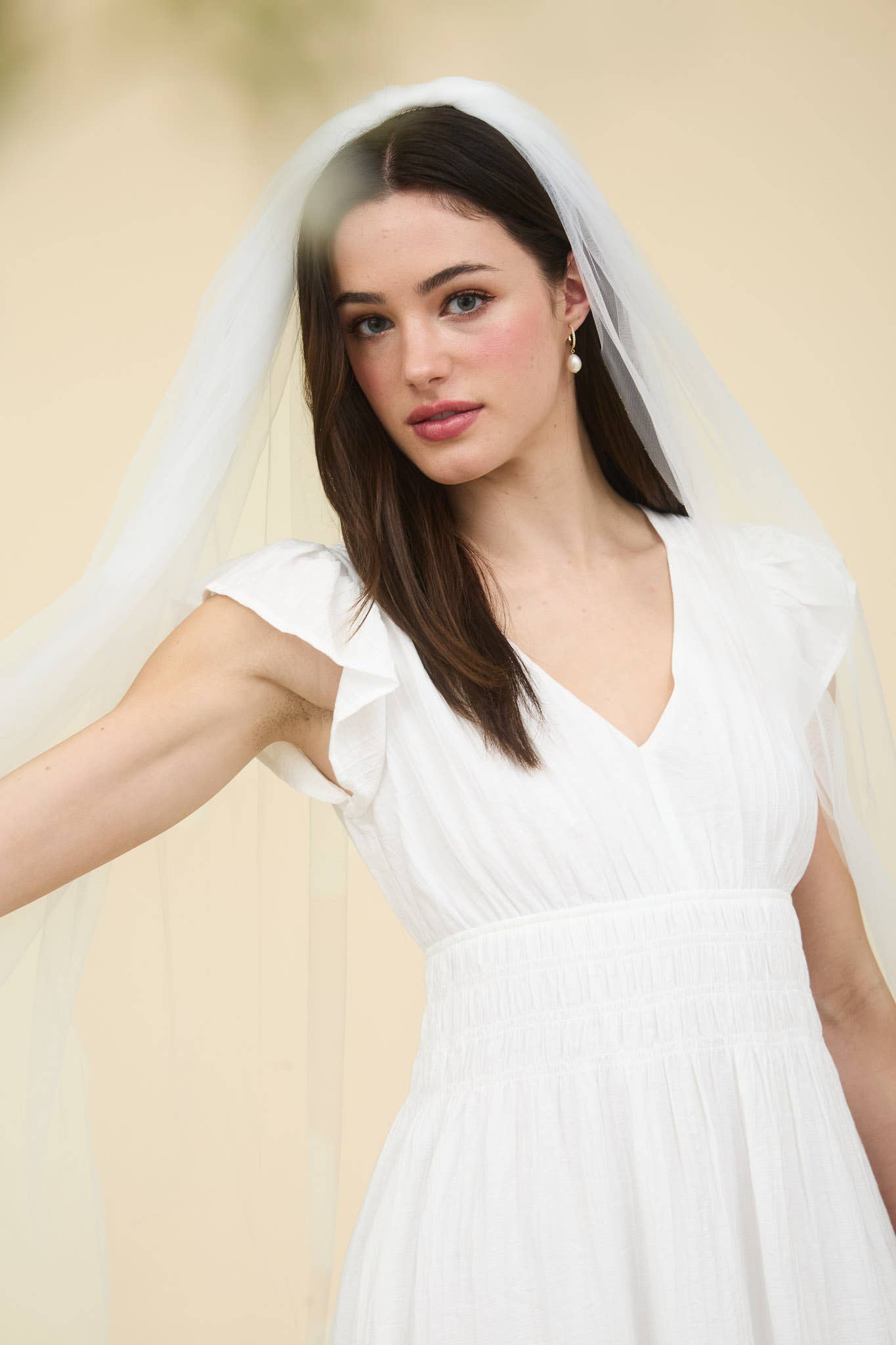 V NECK SHIRRED WAIST RUFFLE SLEEVE MINI DRESS