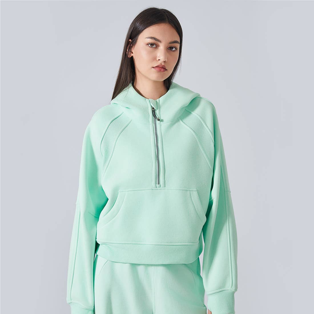 Women Fall Winter Half Zipper Sweatshirt Big Pockets Hoodie : Brown / S