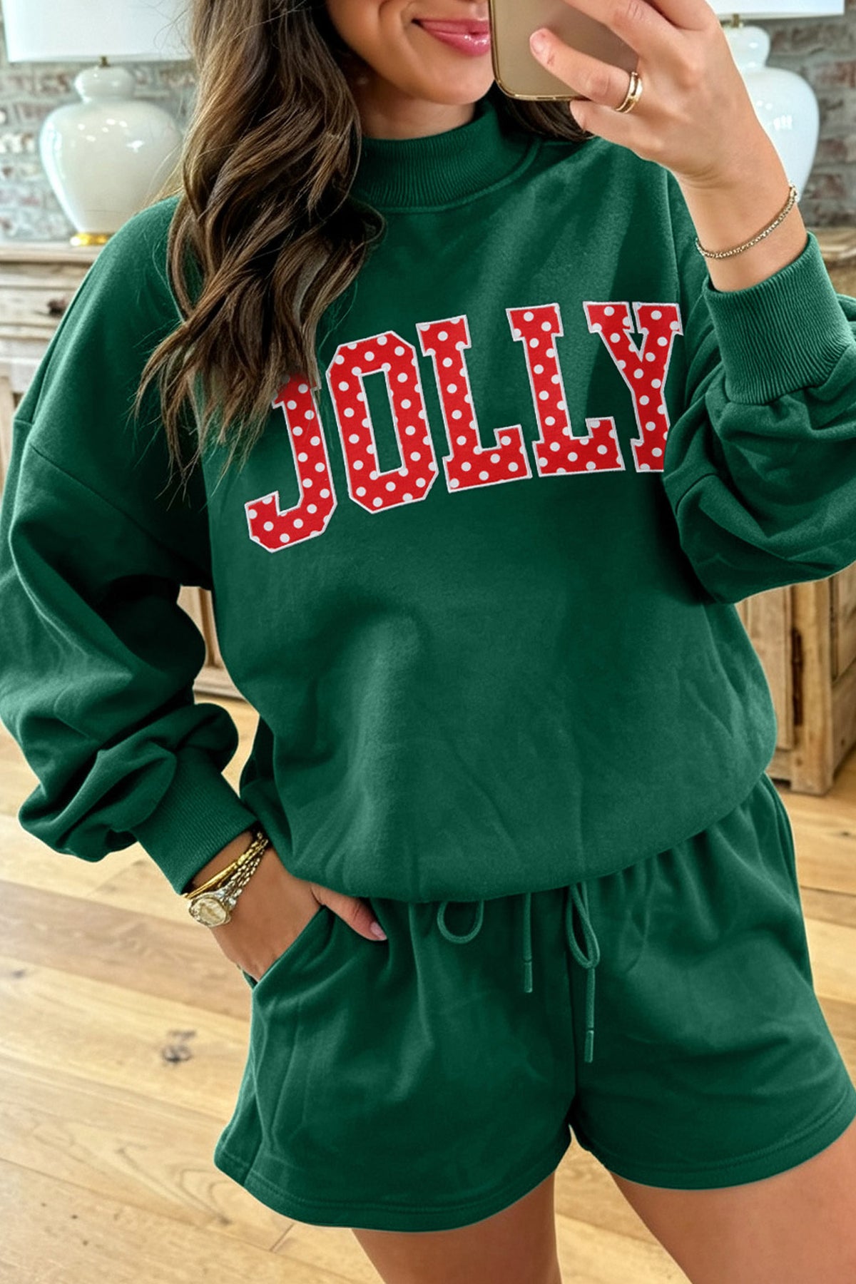 Dark Green Christian Slogan Print Mock Neck Pullover and Shorts Set