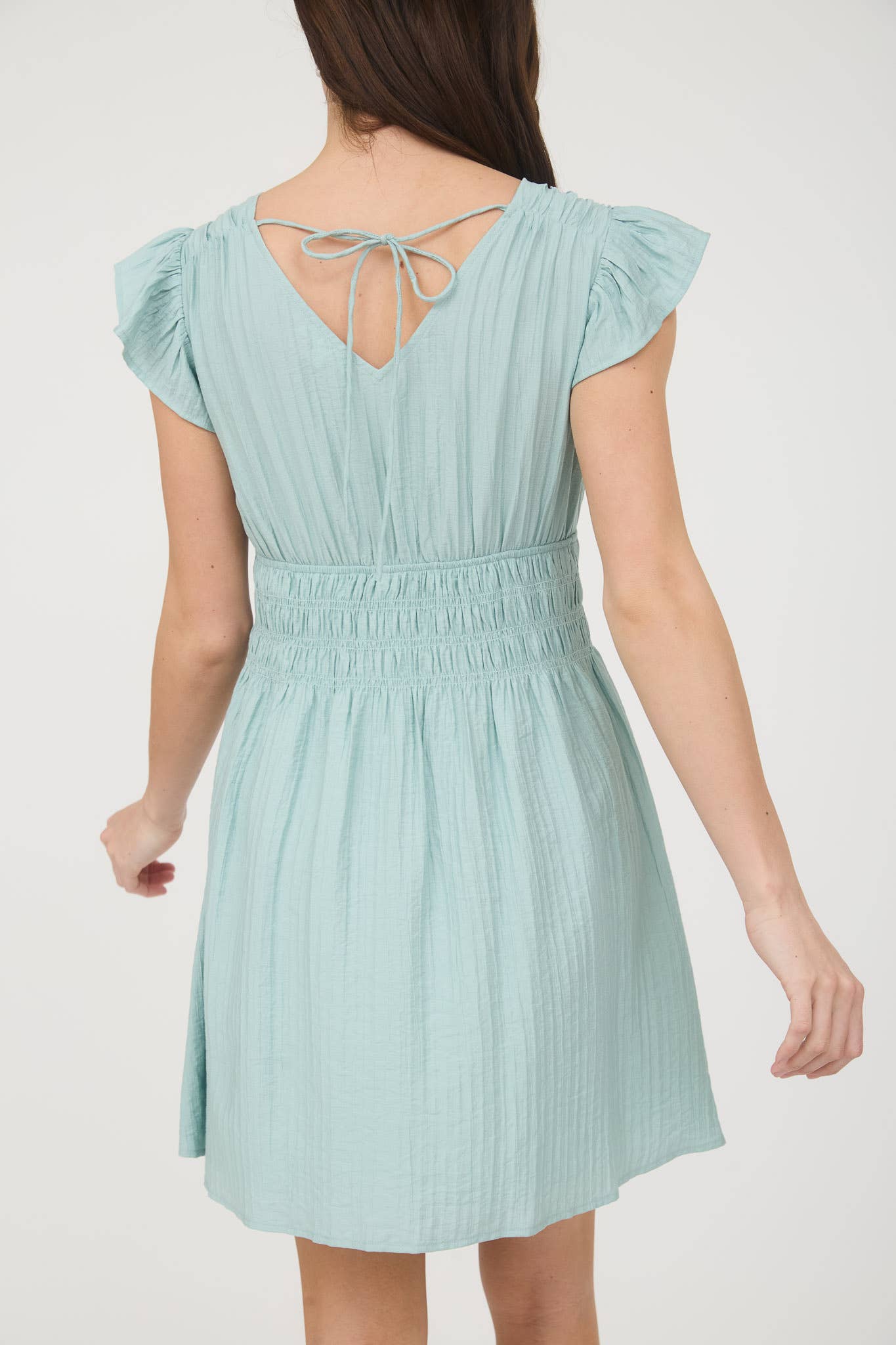 V NECK SHIRRED WAIST RUFFLE SLEEVE MINI DRESS