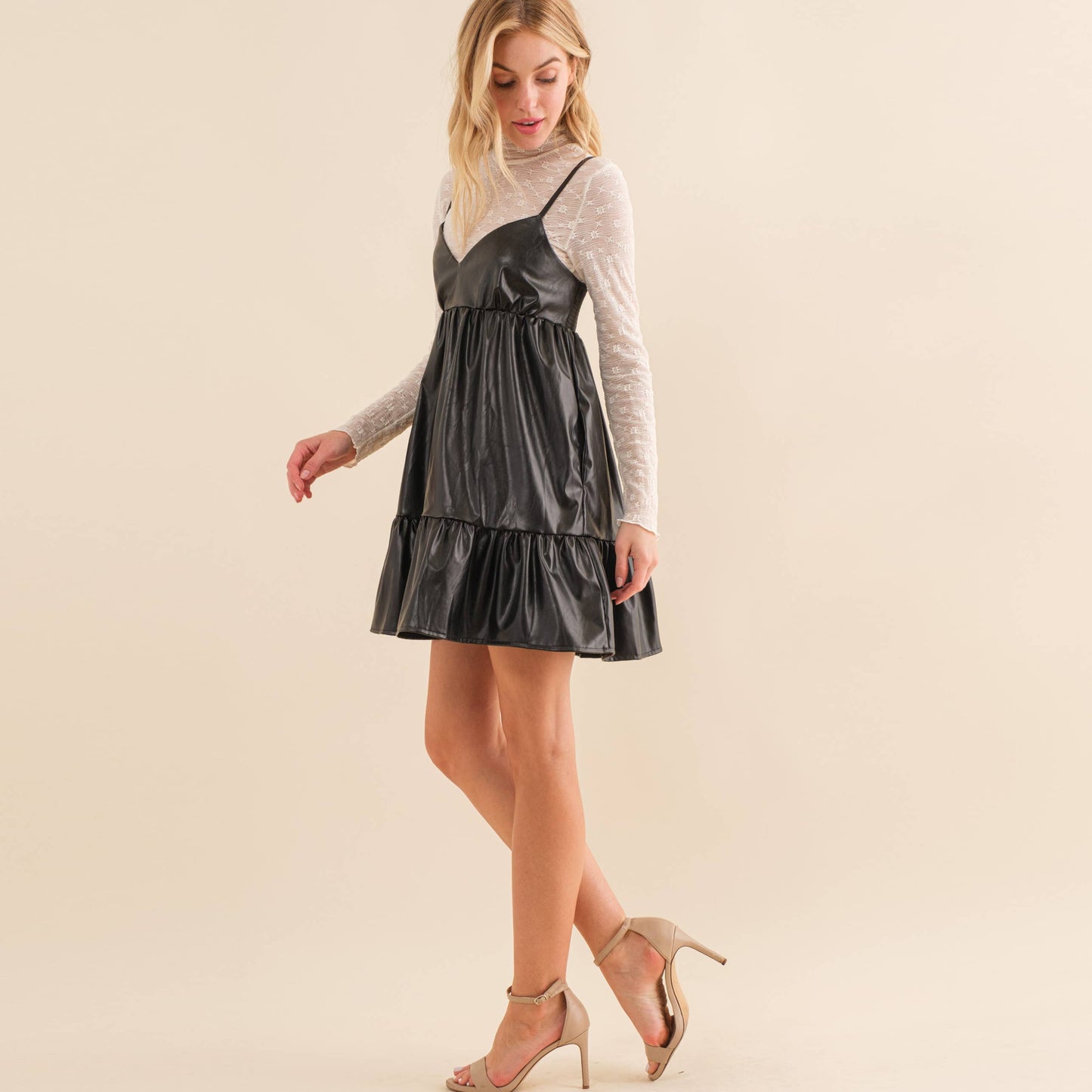 LEATHER MINI DRESS-HYD0055: Black