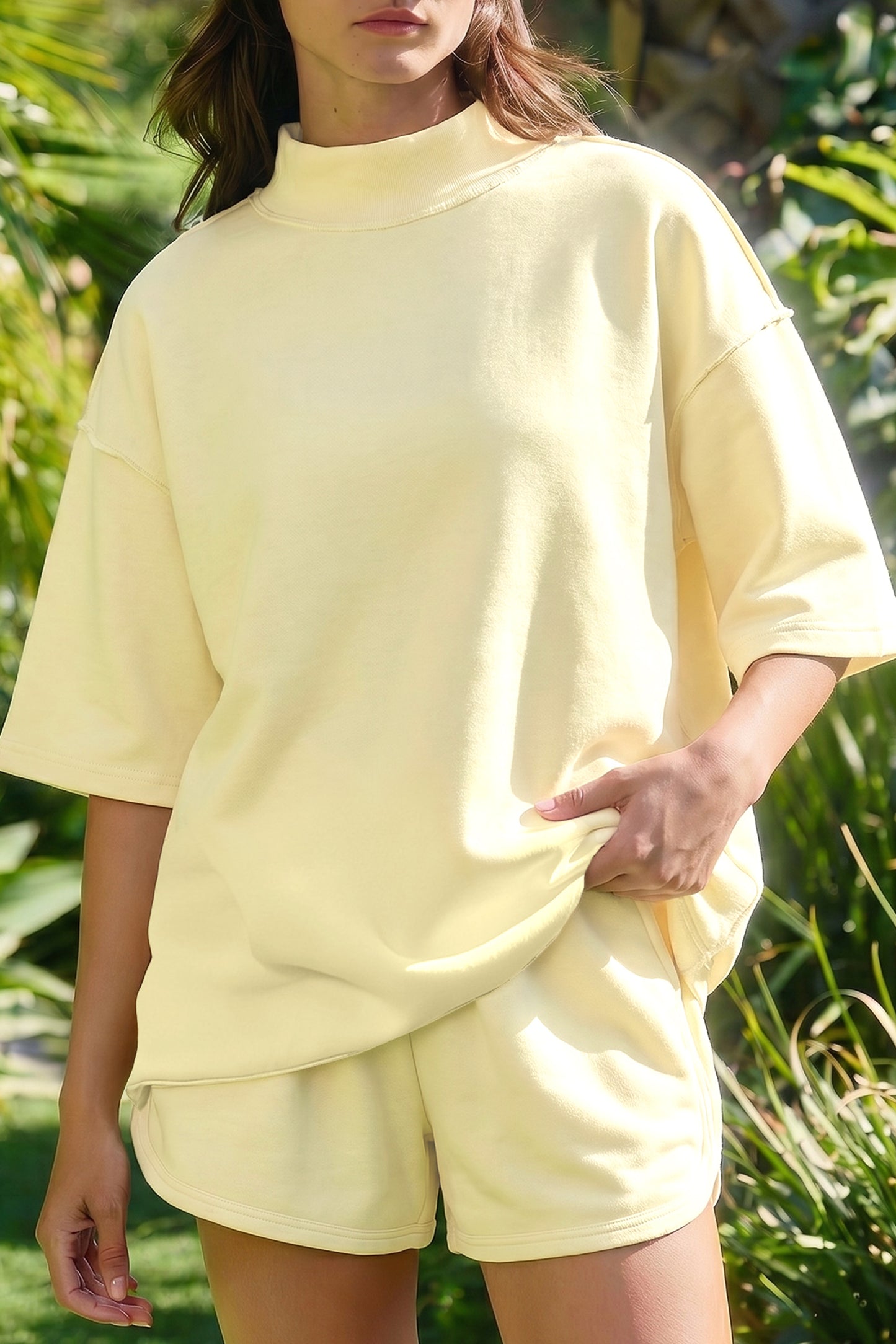 Moonlight Jade Solid Color Exposed Seam Mock Neck Oversize Tee Casual Shorts 2pcs Outfit