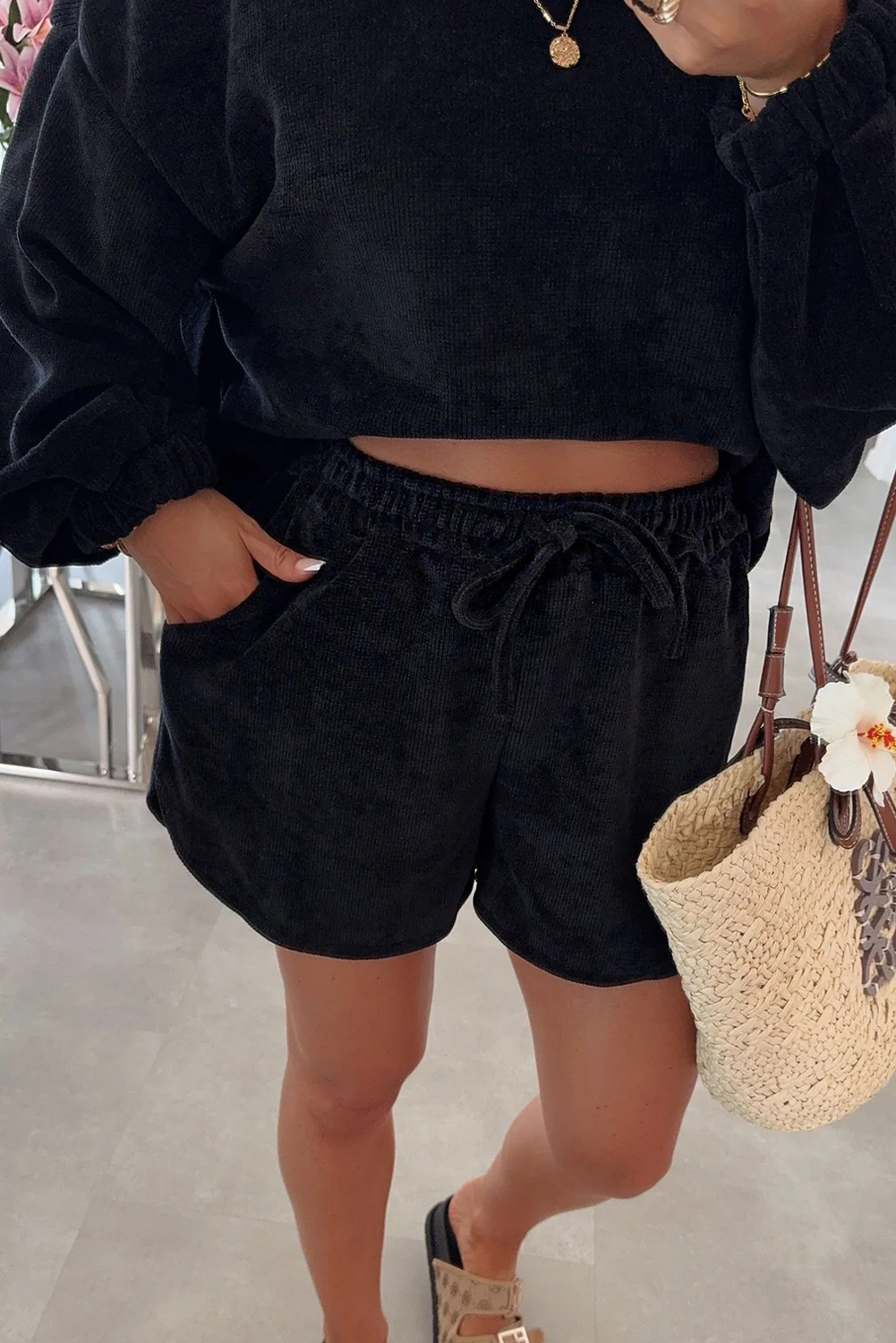 Dark Brown Solid Color Textured Knit Drop Shoulder Pullover Drawstring Shorts Set