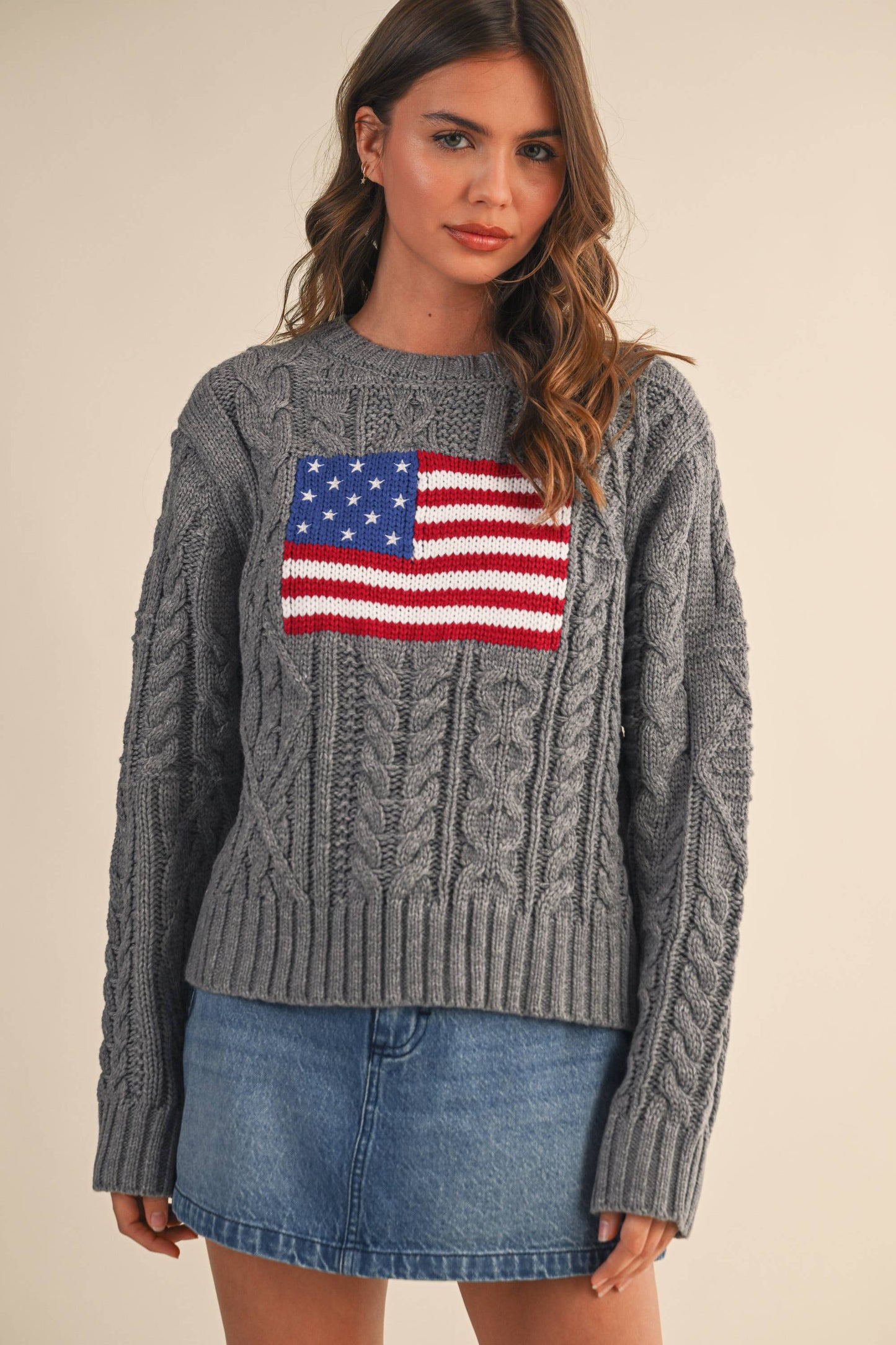 IT4473 USA FLAG CABLE KNIT SWEATER