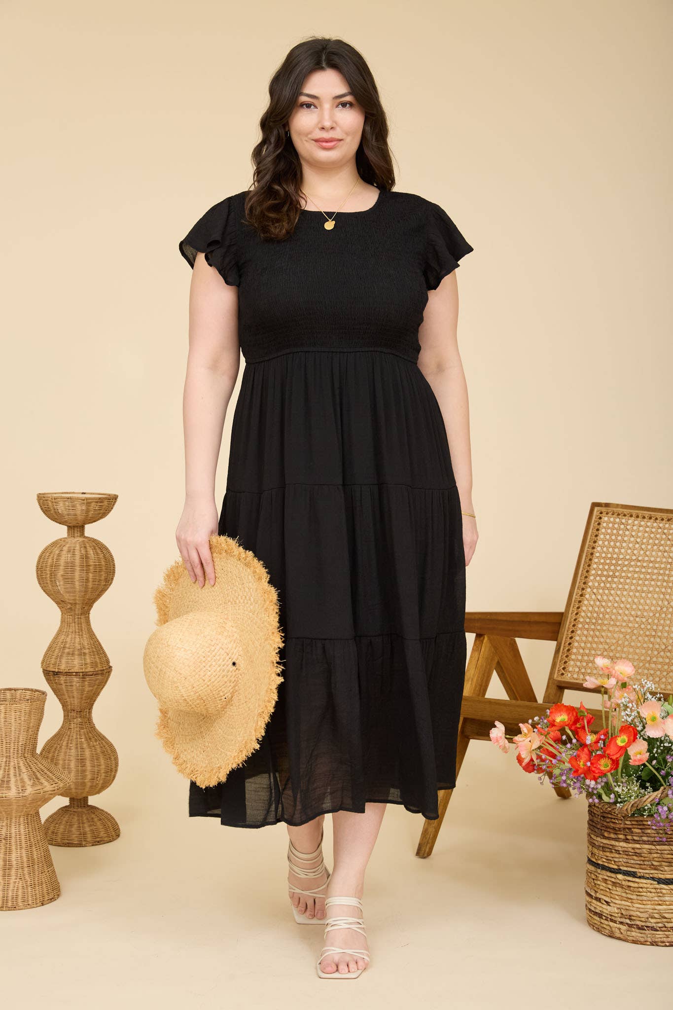 PLUS TIERED SMOCKED SHORT SLEEVE MIDI DRESS