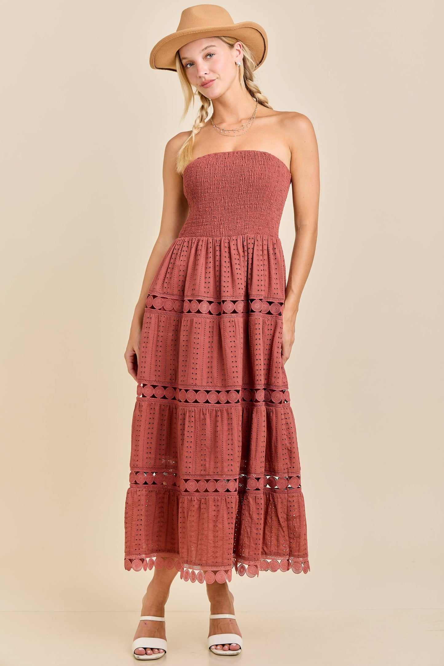 Smocked Eyelet Maxi Dress – Boho Summer Strapless
