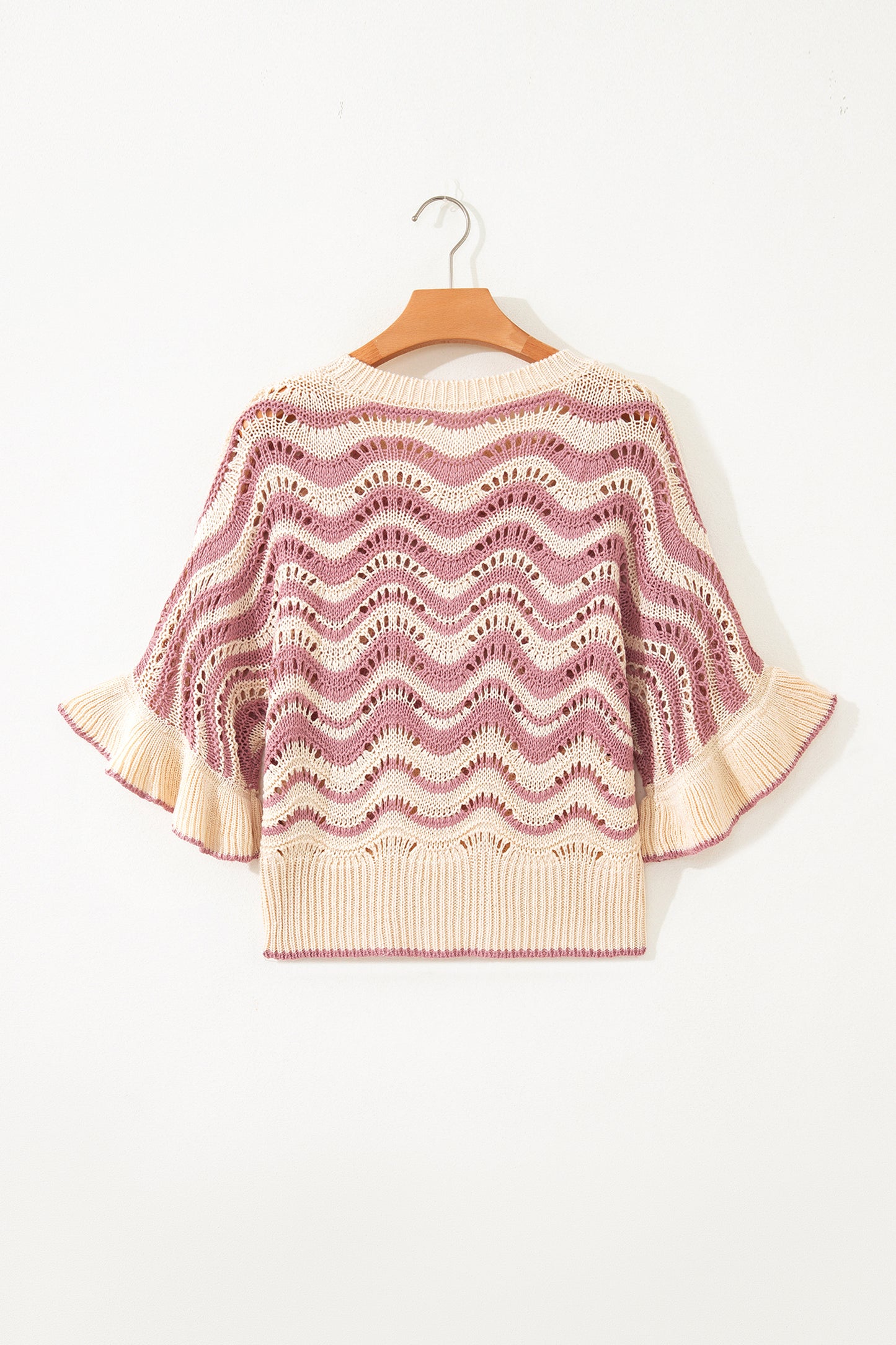 Black Stripe Wavy Crochet Eyelet Detail Ruffle Half Sleeve Sweater