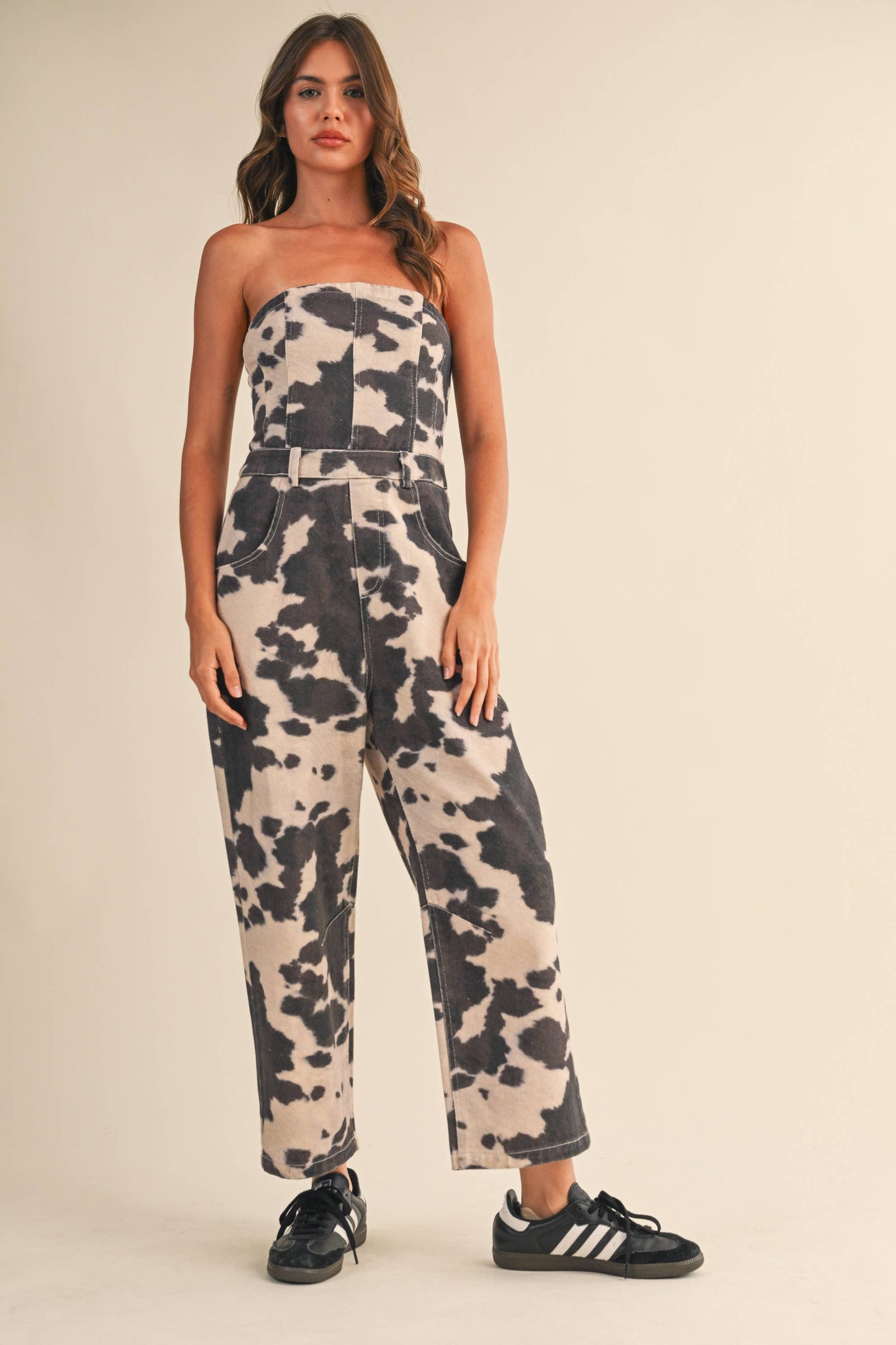 COW PRINT STRAPLESS BARREL PANTS JUMPSUIT