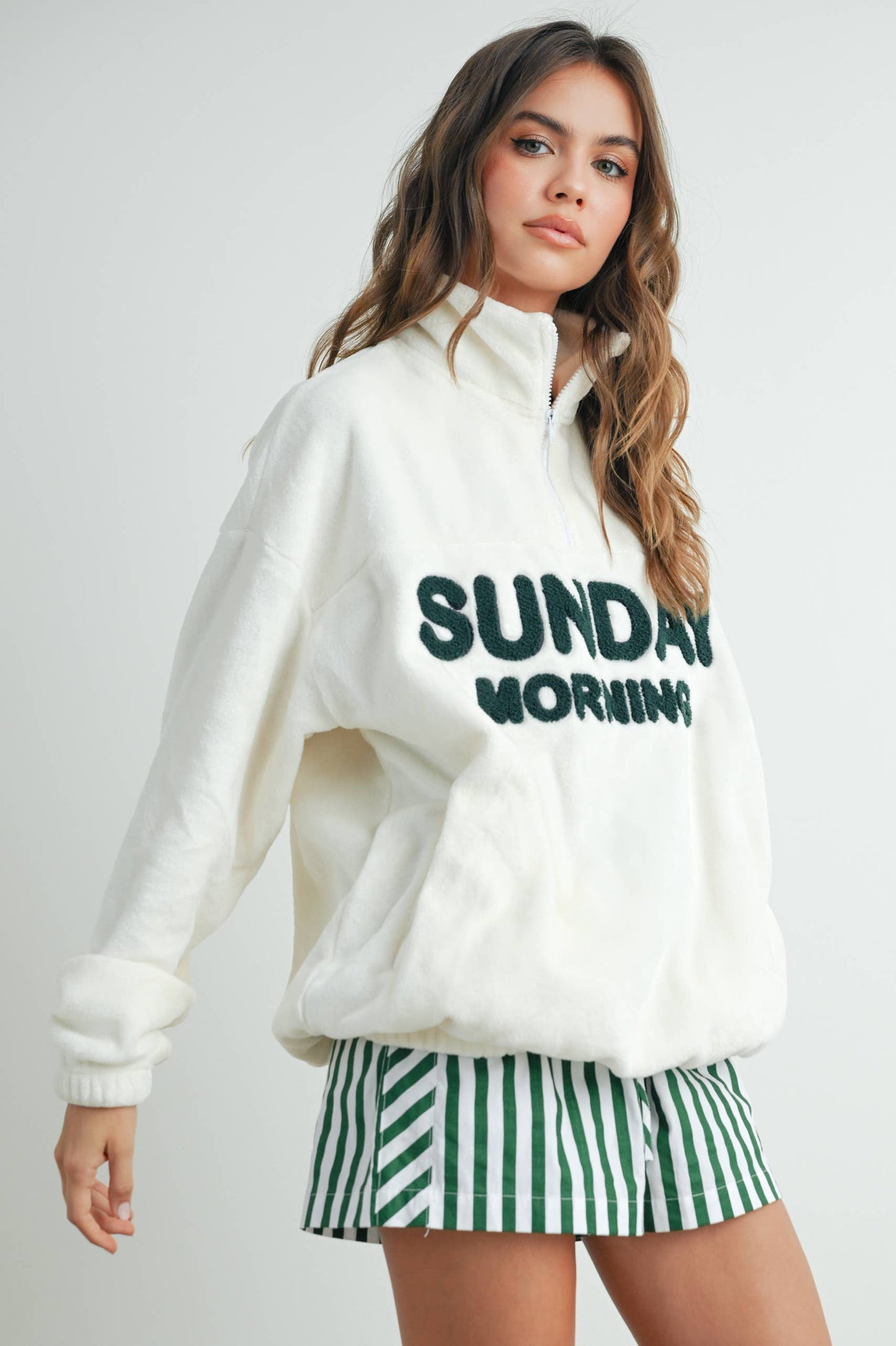 Sunday Morning Half-Zip Pullover Sweatshirt - BMT7579: IVORY / OLIVE / S