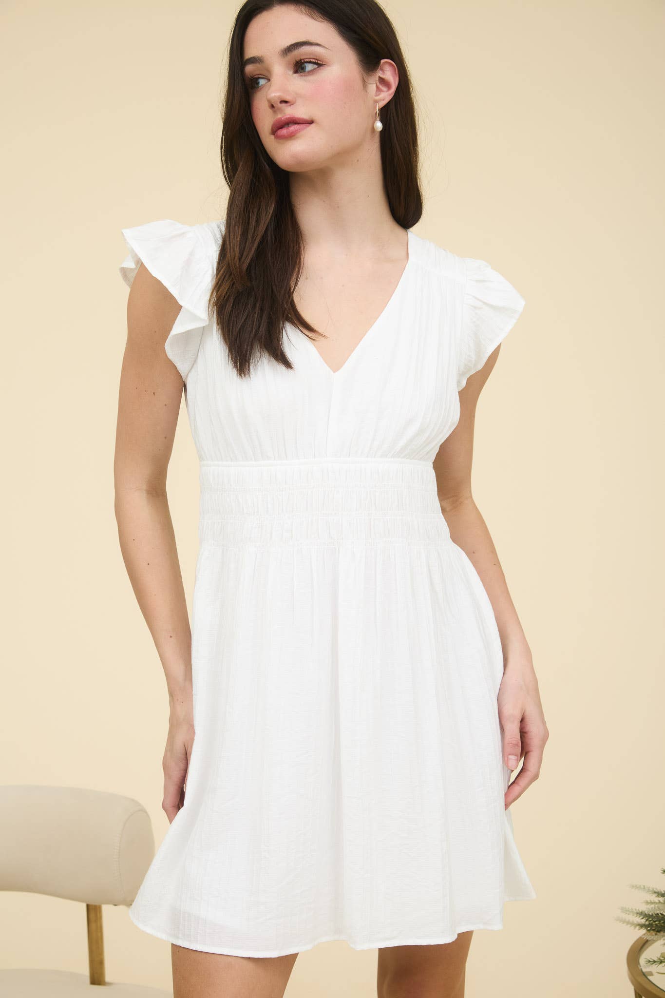V NECK SHIRRED WAIST RUFFLE SLEEVE MINI DRESS