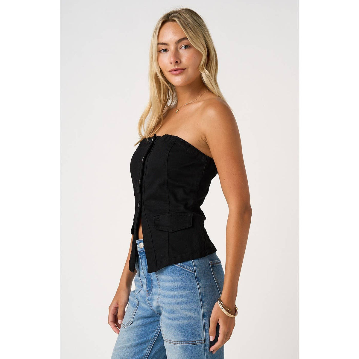 SPLIT HEM DENIM BUTTONED TUBE TOP
