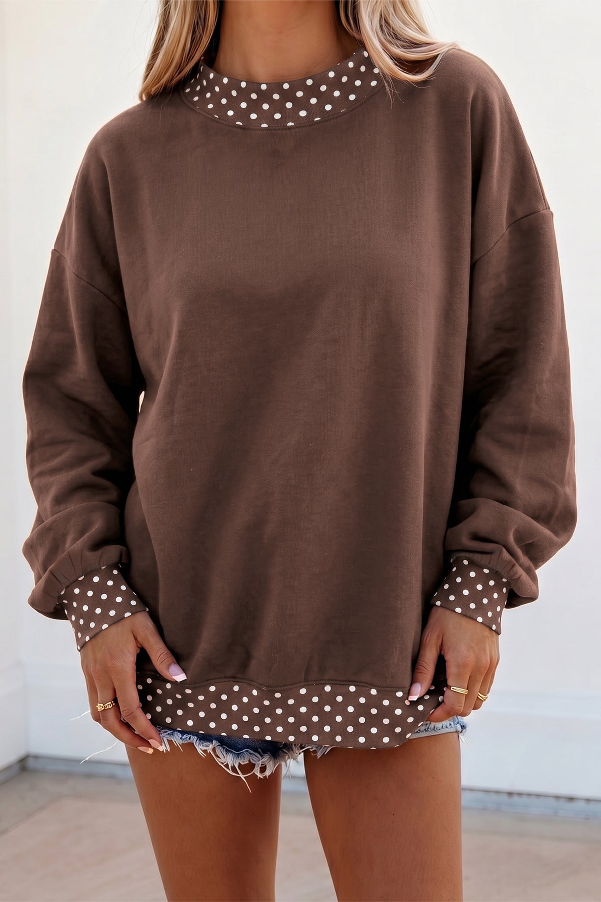 Dark Blue Colorblock Polka Dot Contrast Trim Oversized Sweatshirt