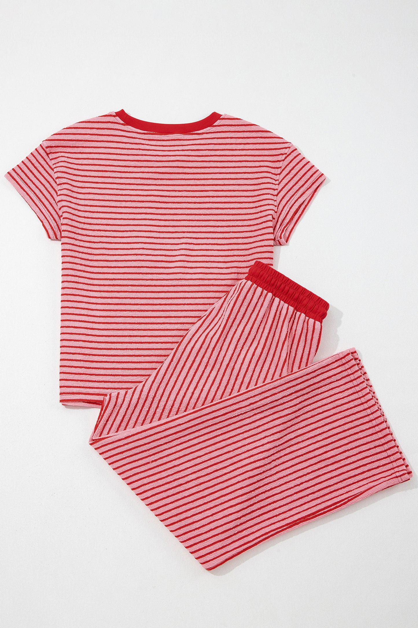 Sky Blue Stripe Crew Neck Tee Drawstring Waist Cropped Pants Set