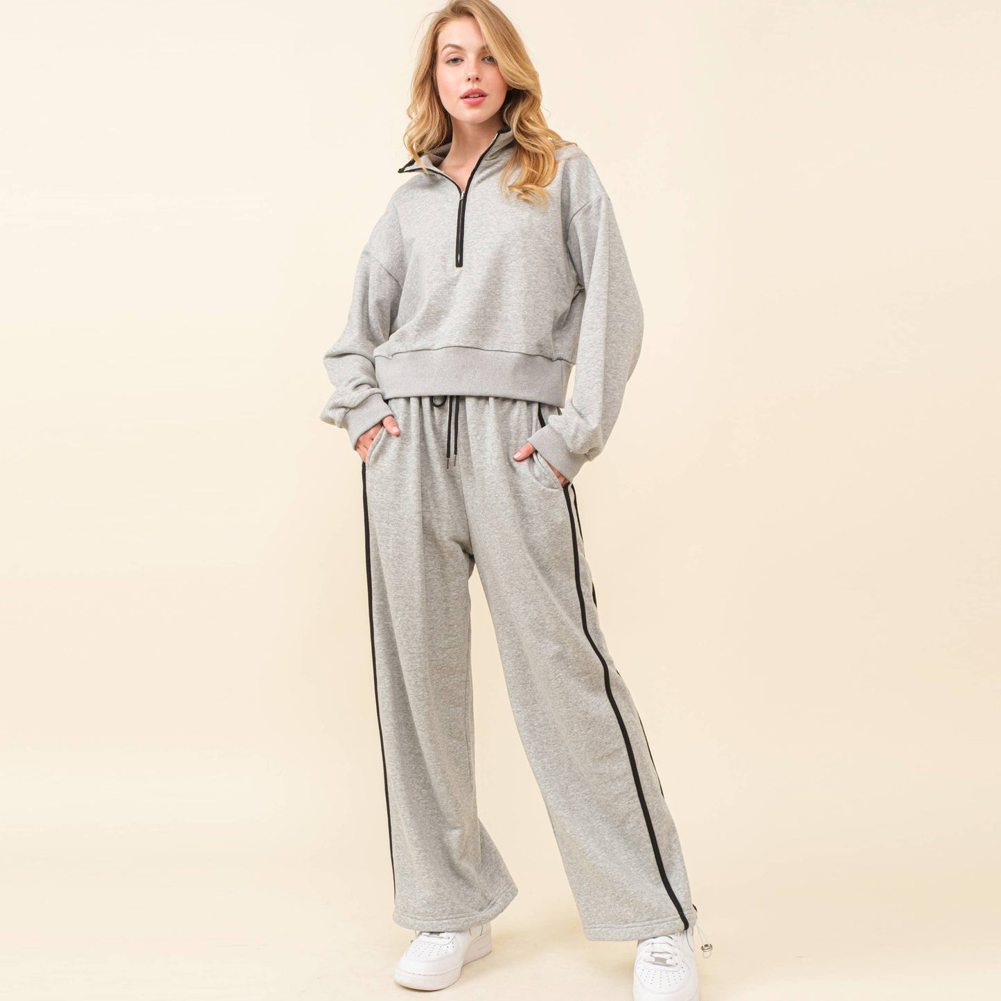 Striped Sweat Set w/ Quarter Zip Sweatshirt and Pants: DK.H.GREY/BLACK / L