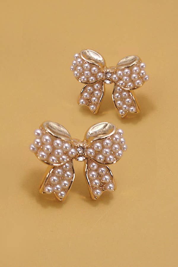 MINI PEARL BOW RIBBON GOLD EARRINGS | 80E5342: Gold