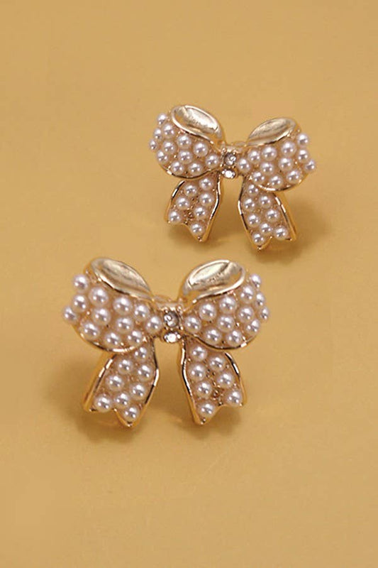MINI PEARL BOW RIBBON GOLD EARRINGS | 80E5342: Gold