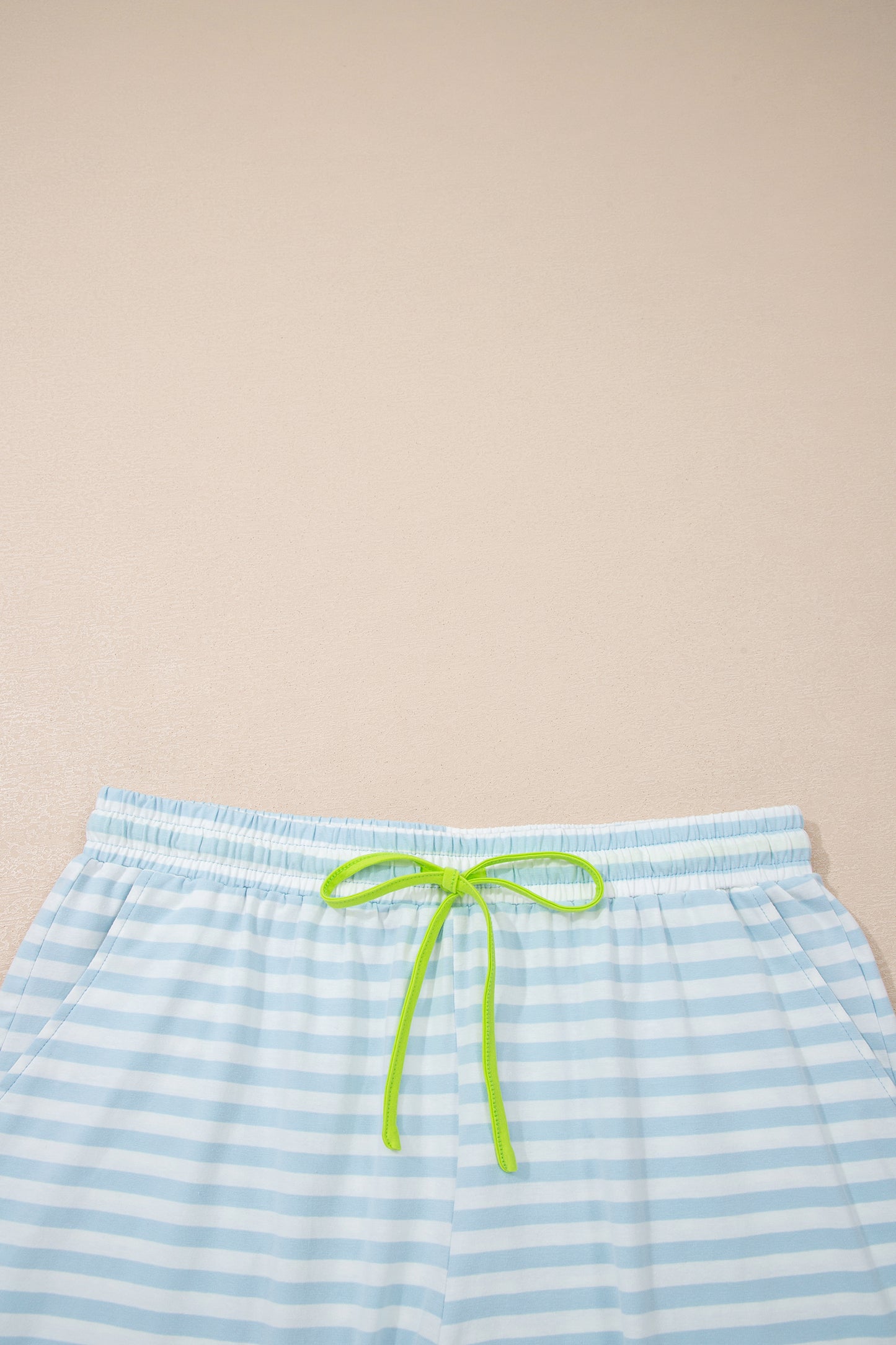 Yellow Stripe Contrast Neck Loose Tee and Drawstring Shorts Set