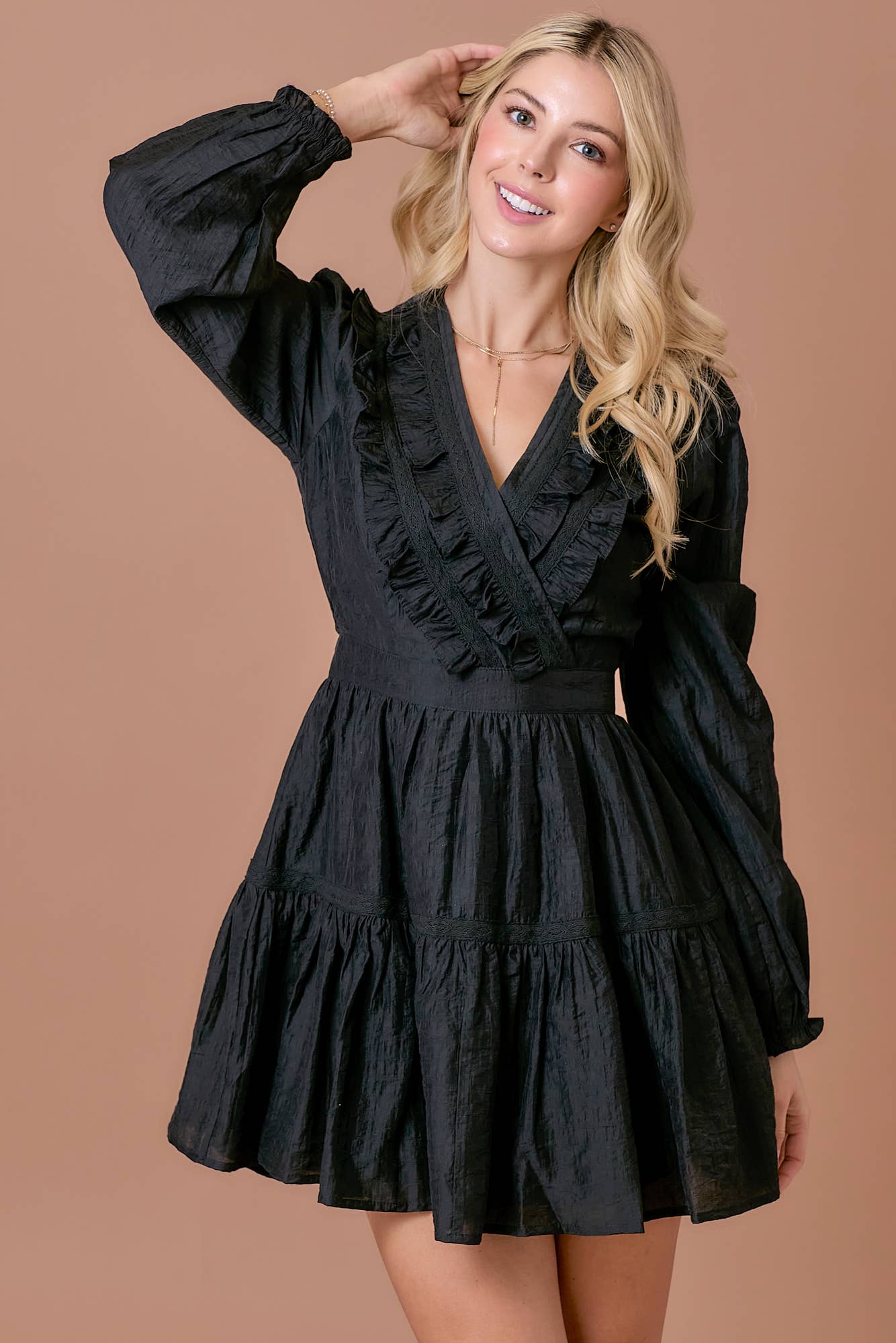 Surplice long sleeve dress with ruffle detailing: BLACK / M