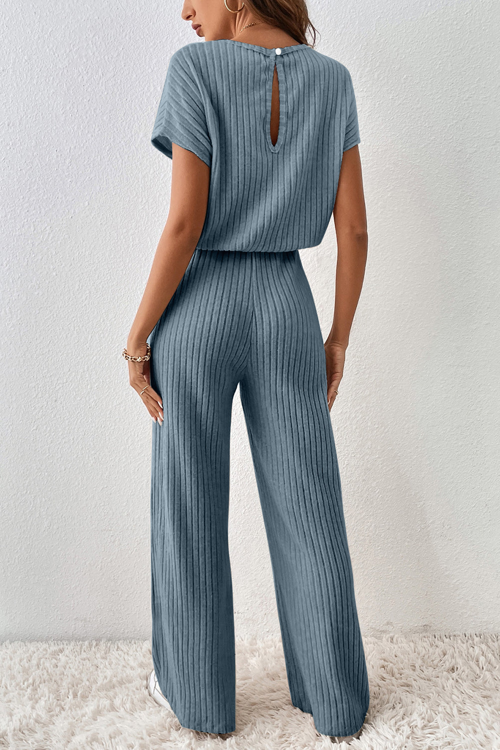 Mist Green Ribbed Keyhole Short Sleeve Wide Leg Jumpsuit