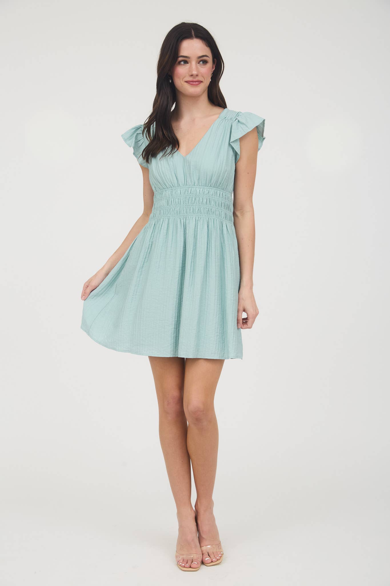 V NECK SHIRRED WAIST RUFFLE SLEEVE MINI DRESS
