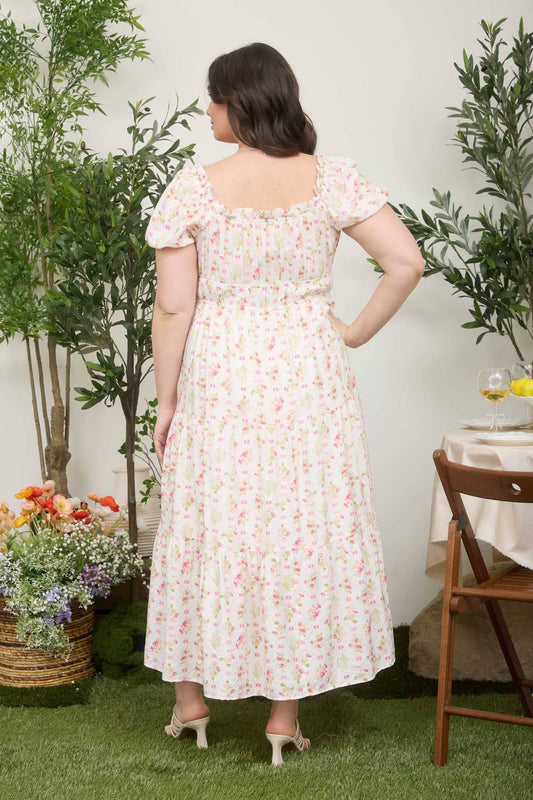 PLUS FLORAL TILE PRINT CONTRAST TIE DETAIL MIDI DRESS