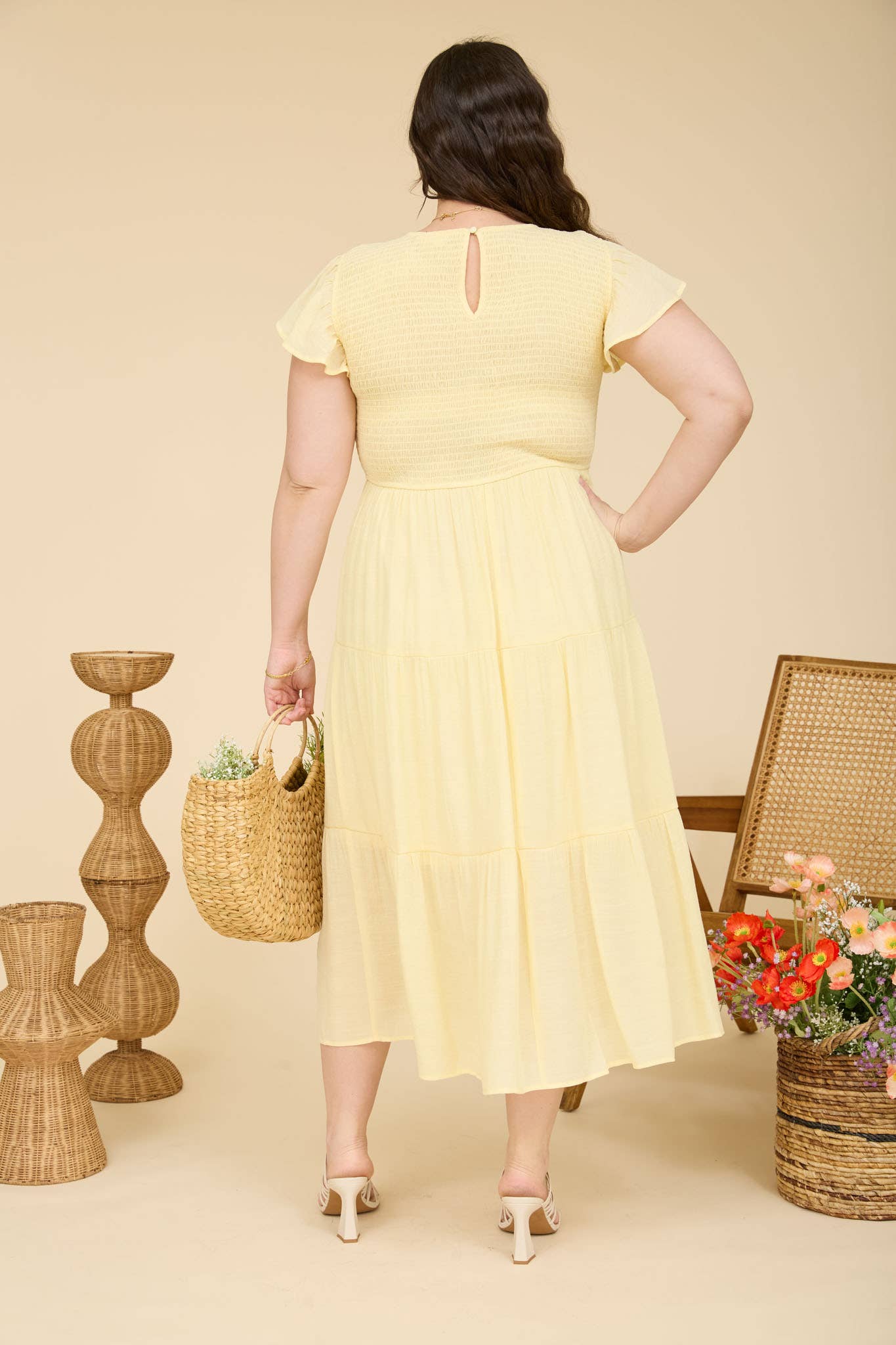 PLUS TIERED SMOCKED SHORT SLEEVE MIDI DRESS