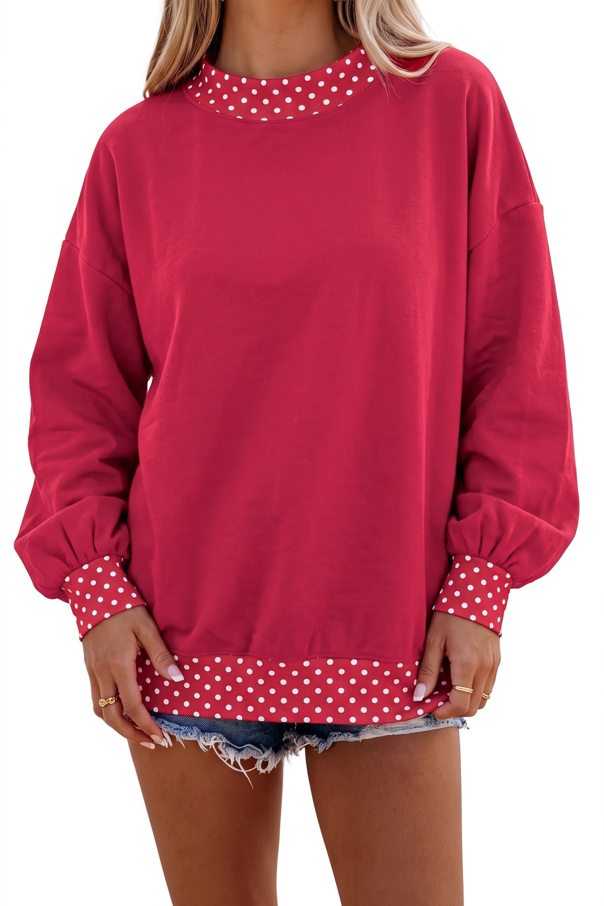 Dark Blue Colorblock Polka Dot Contrast Trim Oversized Sweatshirt