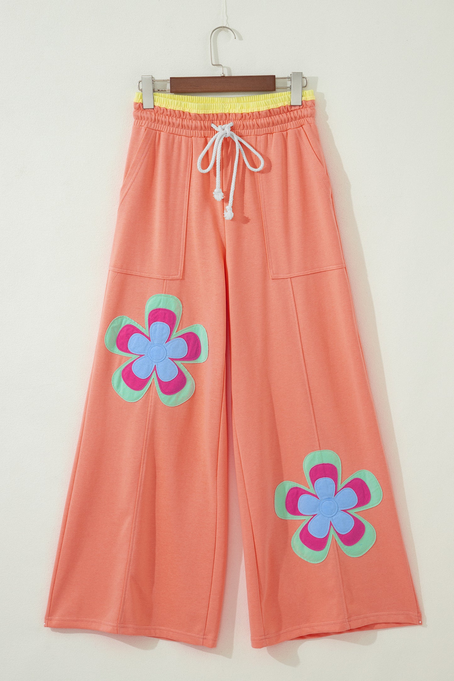 Sea Green Color Block Flower Patchwork Drawstring Contrasted Elastic Waist Wide Leg Pants