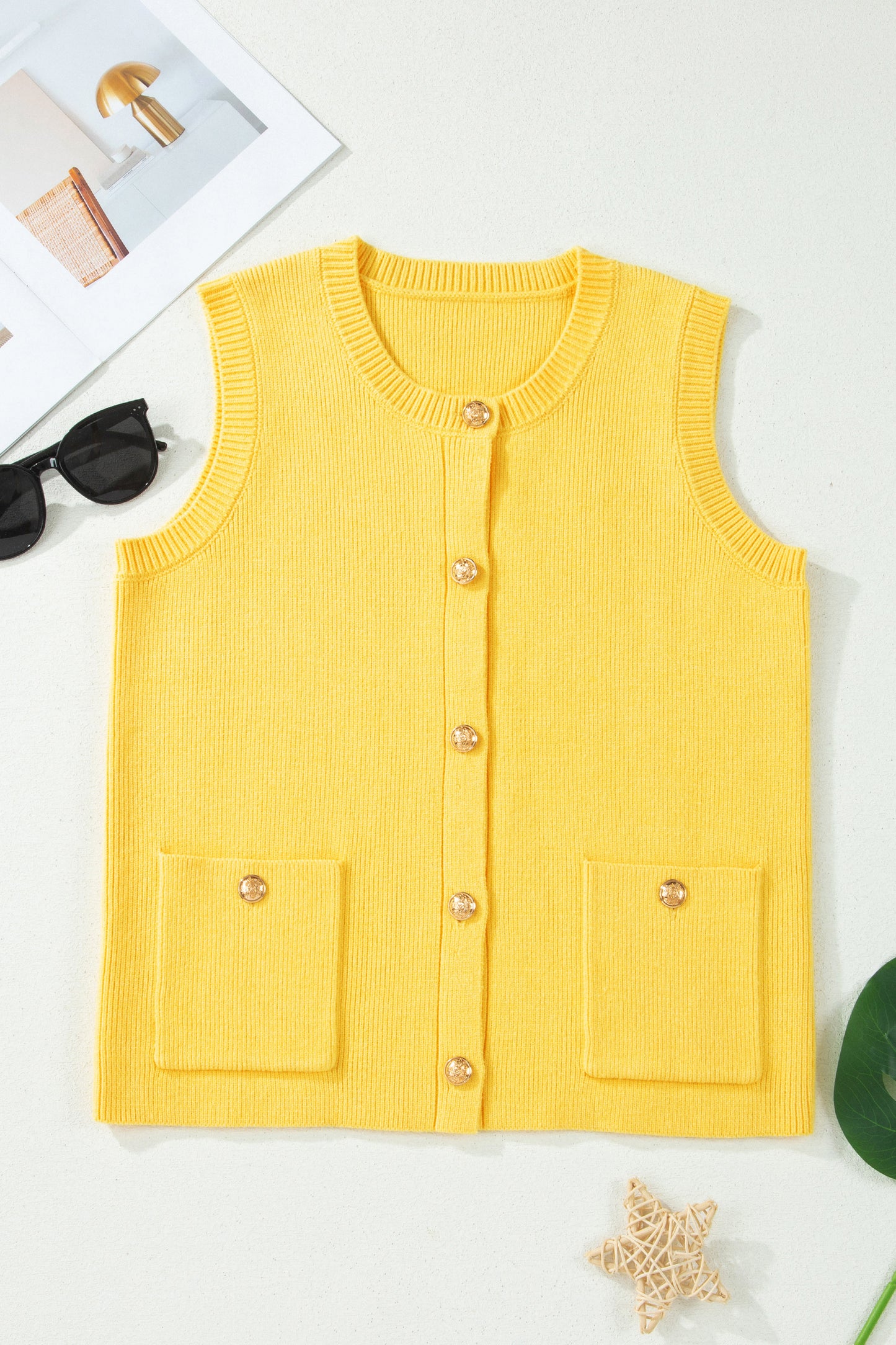 White Solid Color Sleeveless Knit Button Pocketed Sweater