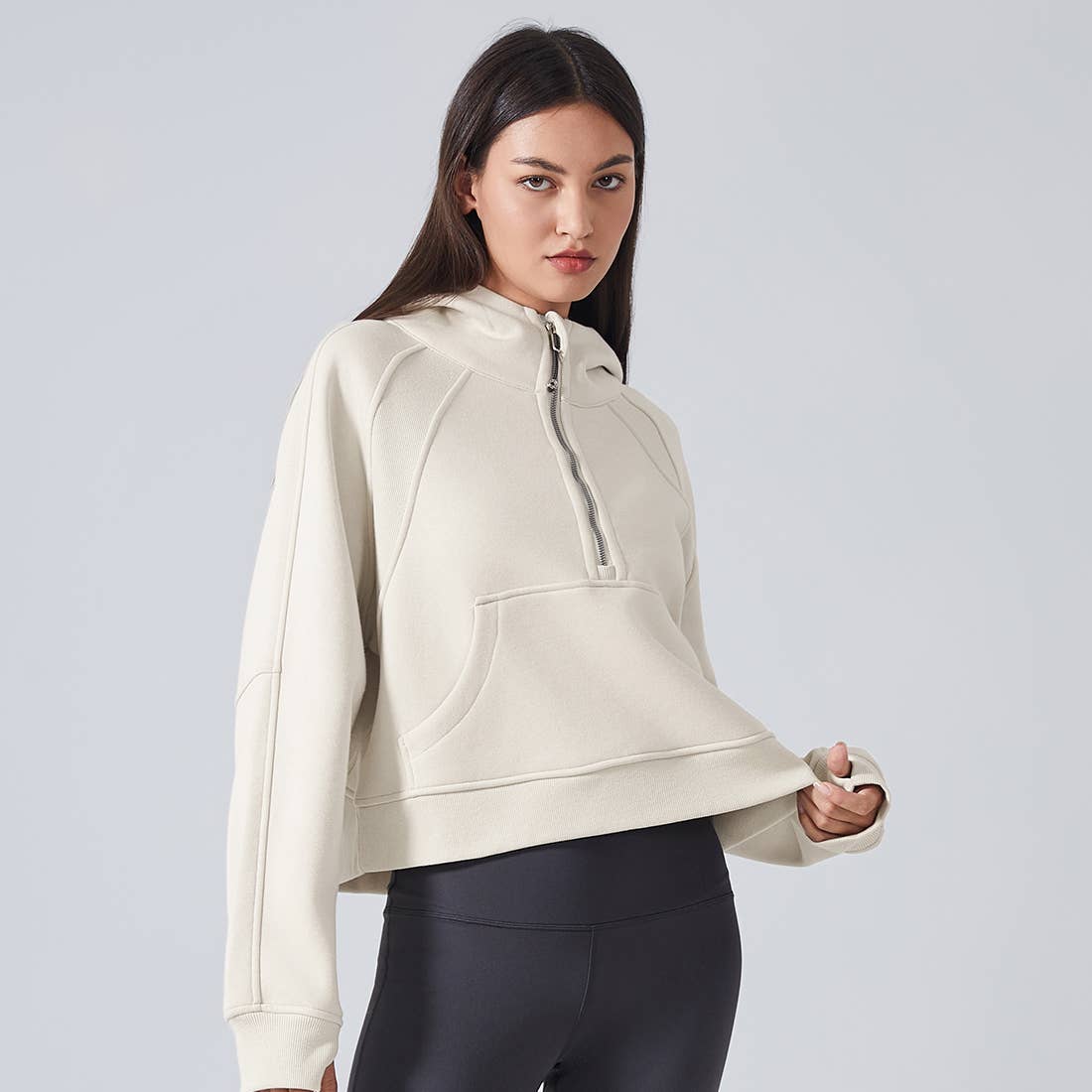 Women Fall Winter Half Zipper Sweatshirt Big Pockets Hoodie : Brown / S