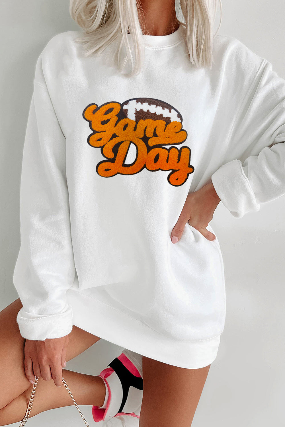 White and Orange Game Day Football Pattern Pullover Sweatshirt