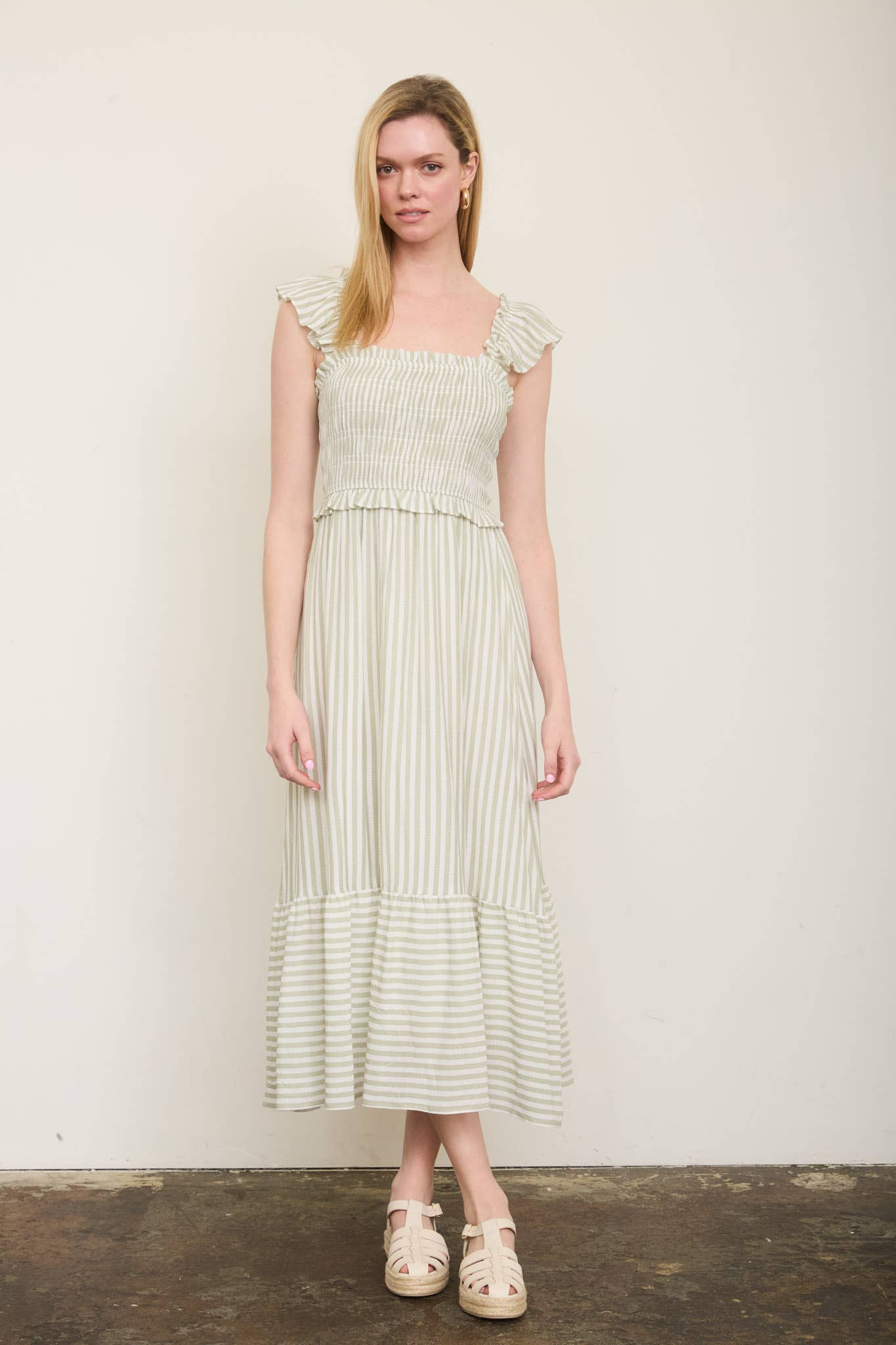 PLUS BLUE AND WHITE STRIPED SMOCKED RUFFLE TRIM MIDI DRESS