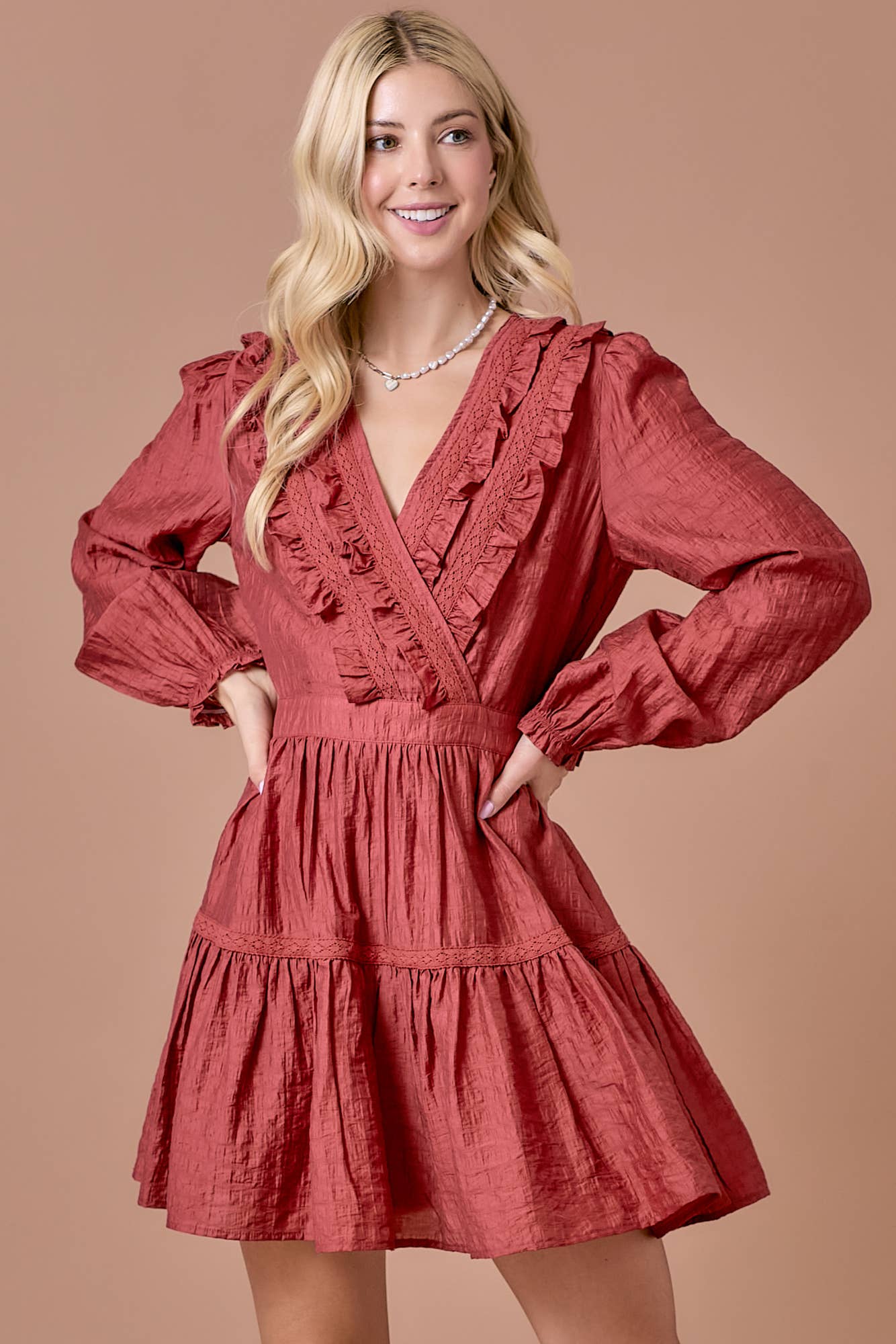 Surplice long sleeve dress with ruffle detailing: BLACK / S
