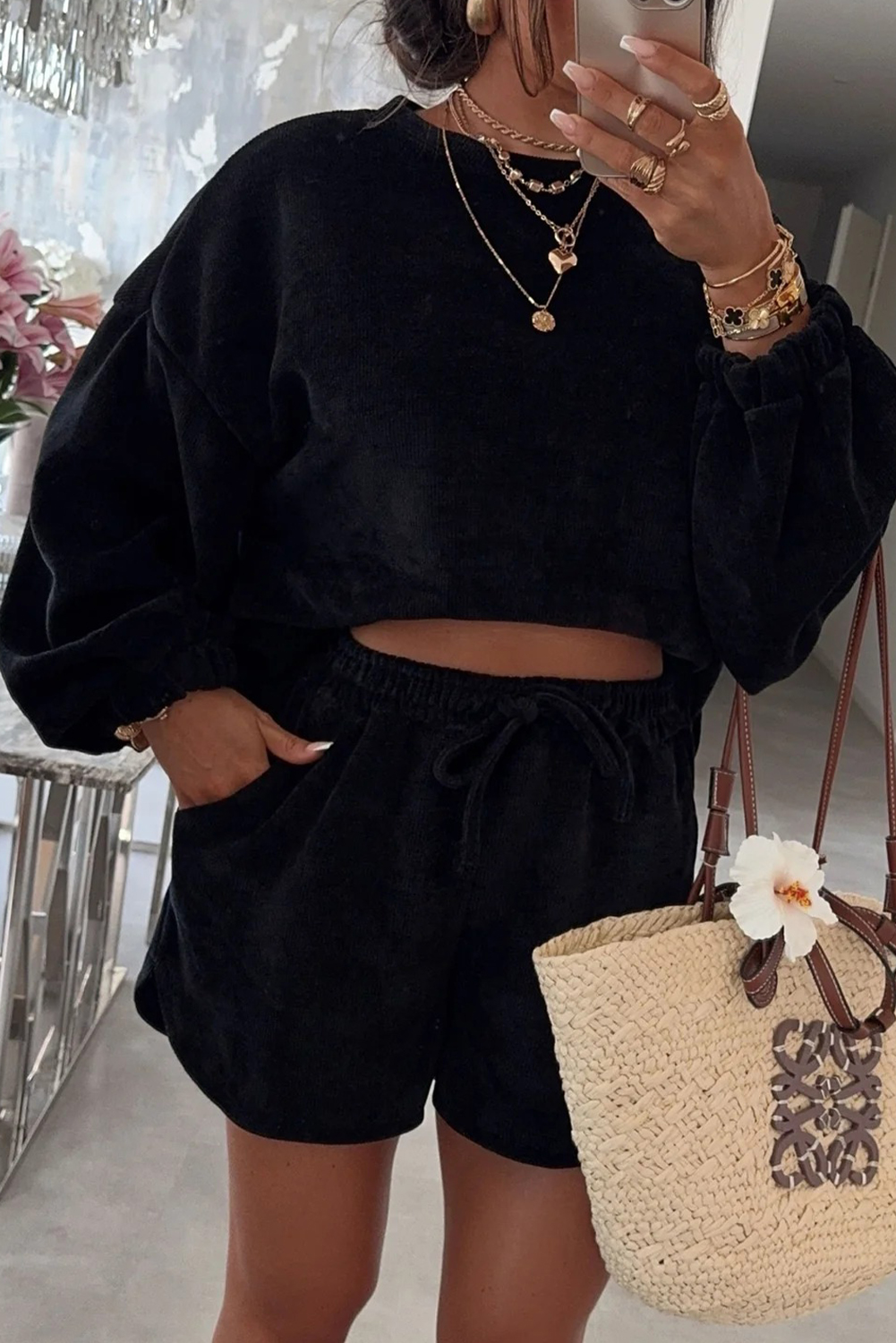 Dark Brown Solid Color Textured Knit Drop Shoulder Pullover Drawstring Shorts Set