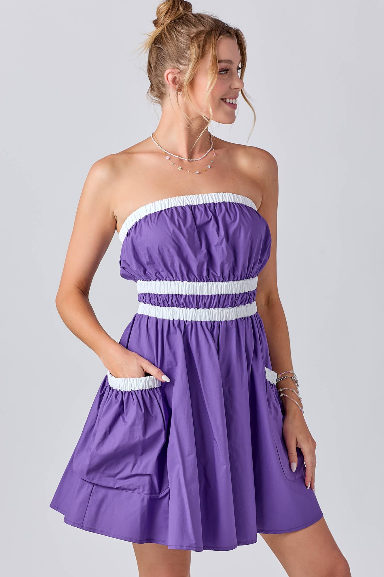 Gameday Contrast Gathered Over Sized Pocket Tube Dress : PURPLE / M