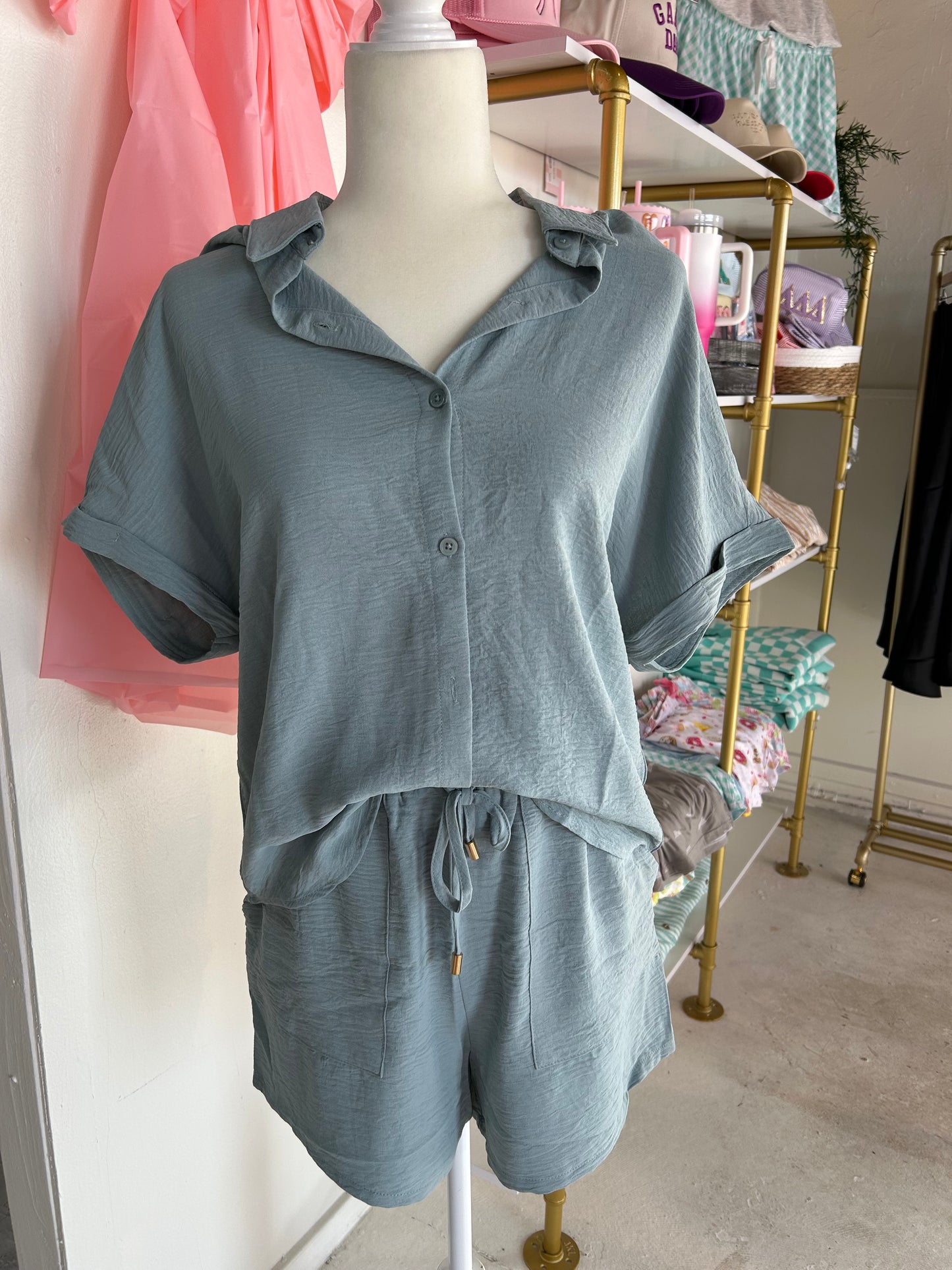 Teal button-up set