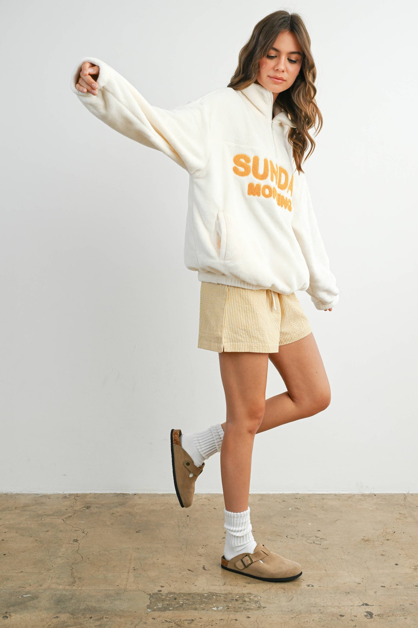 Sunday Morning Half-Zip Pullover Sweatshirt - BMT7579: IVORY / OLIVE / S