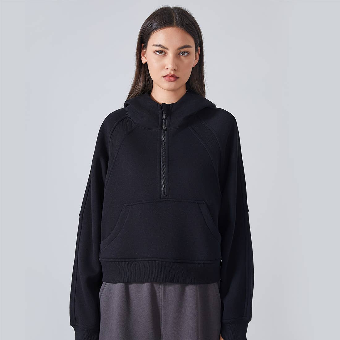 Women Fall Winter Half Zipper Sweatshirt Big Pockets Hoodie : Brown / S