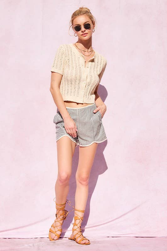 Stripe Cotton Contrast Binding Shorts