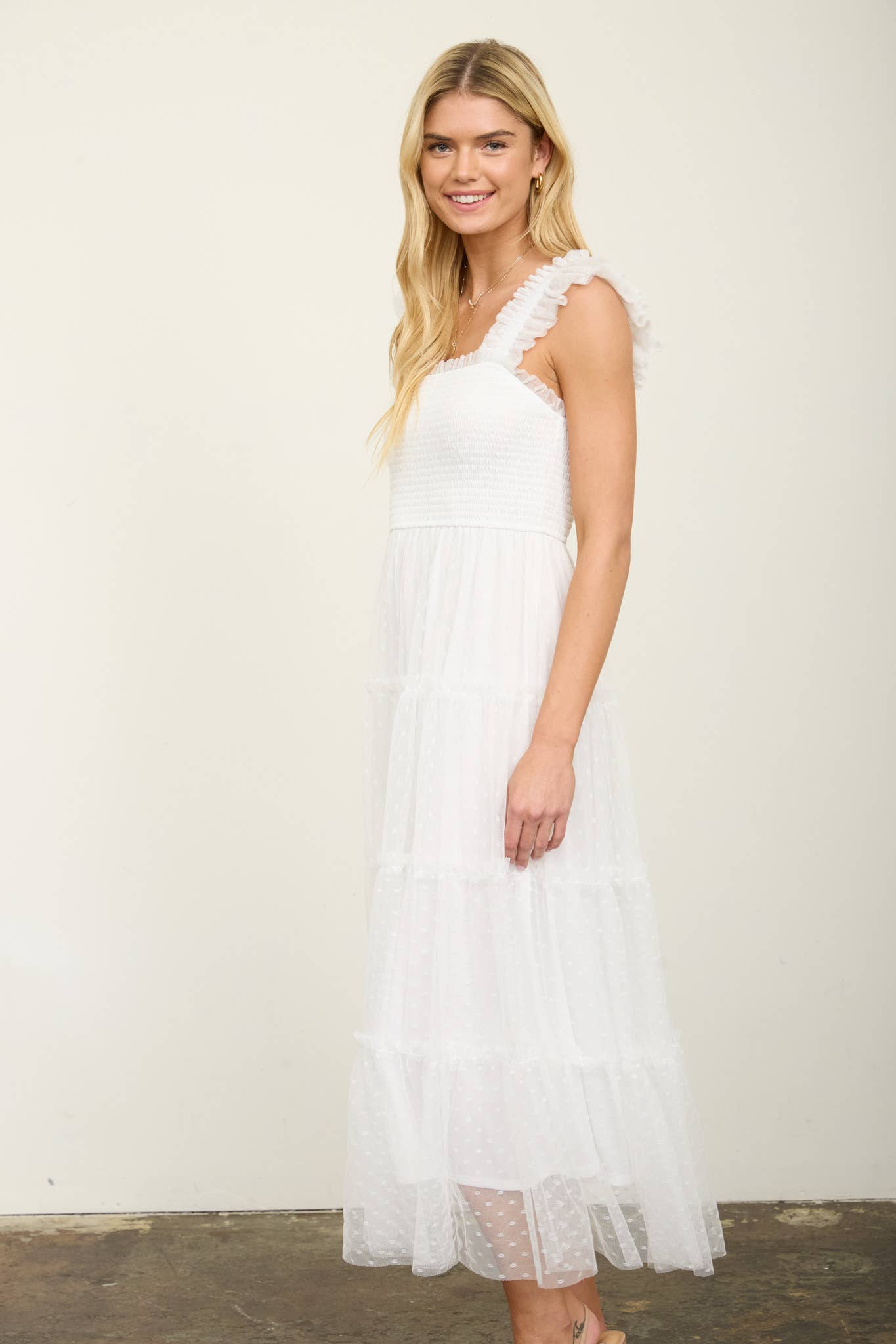 POLKA DOT CHIFFON SMOCKED TIERED MIDI DRESS
