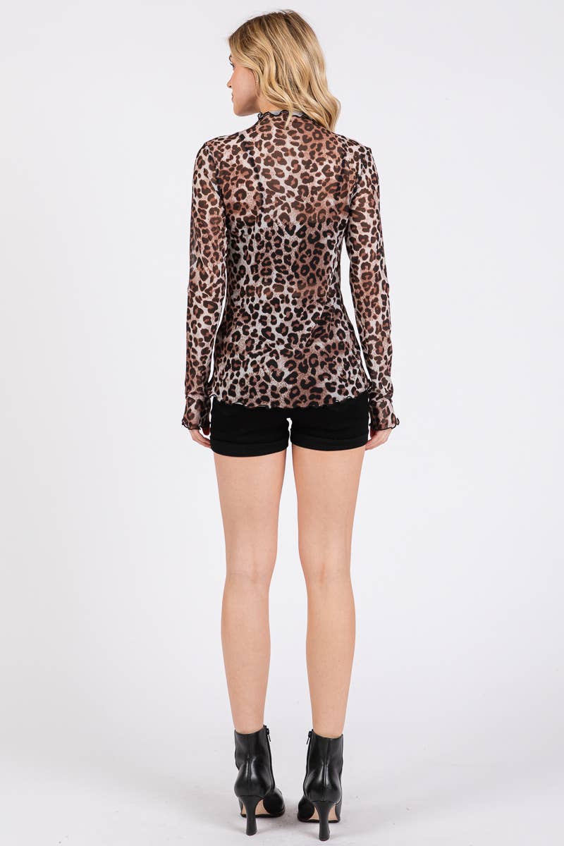 Leopard Printed Stretch Mesh Long Sleeve Top