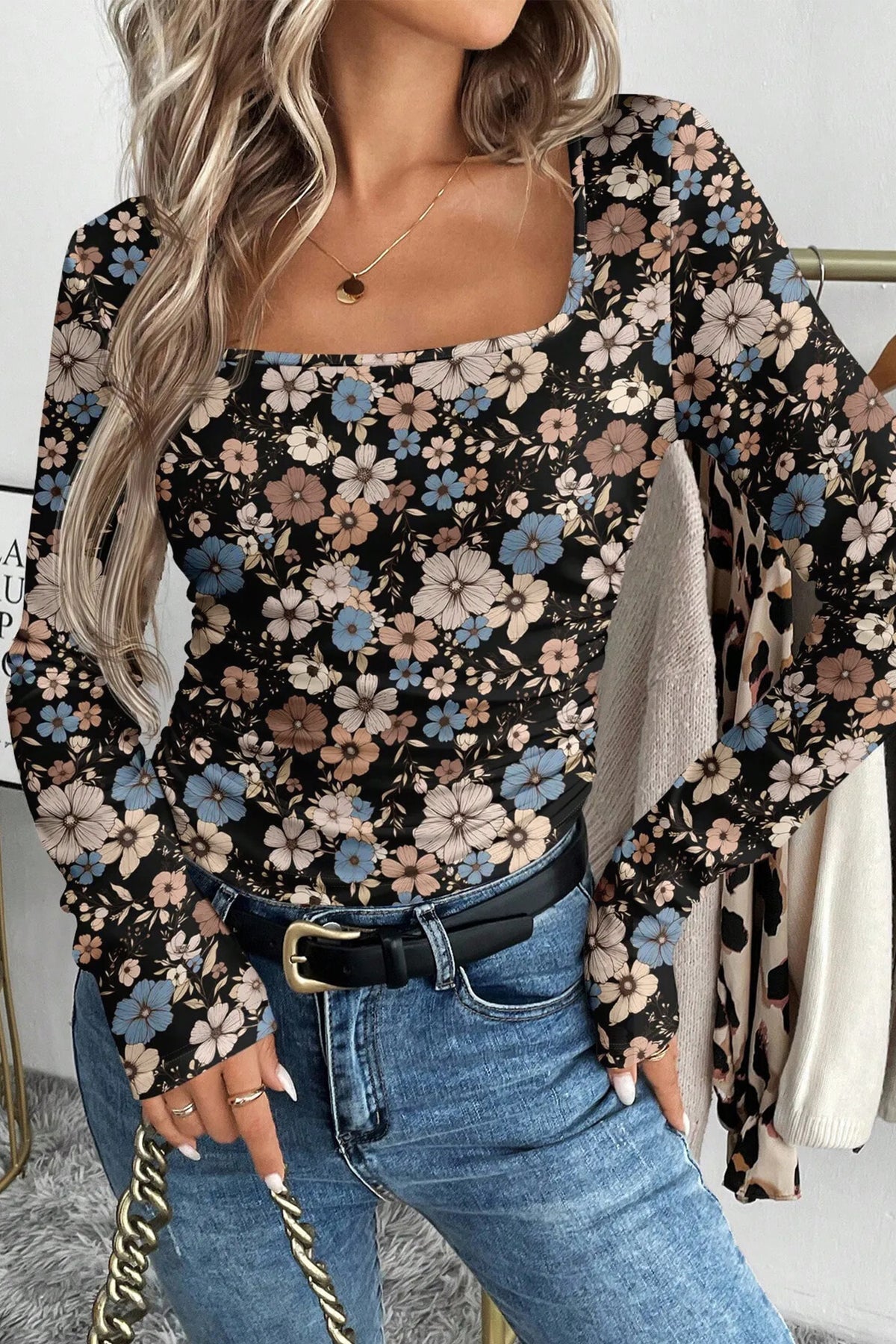 Brown Leopard Print Slim Long Sleeve T Shirt