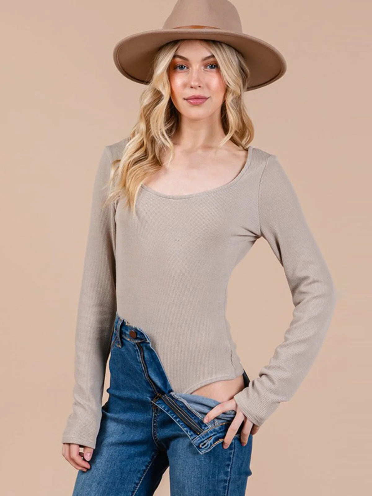 Long Sleeve Round Neck Ribbed Bodysuit Taupe