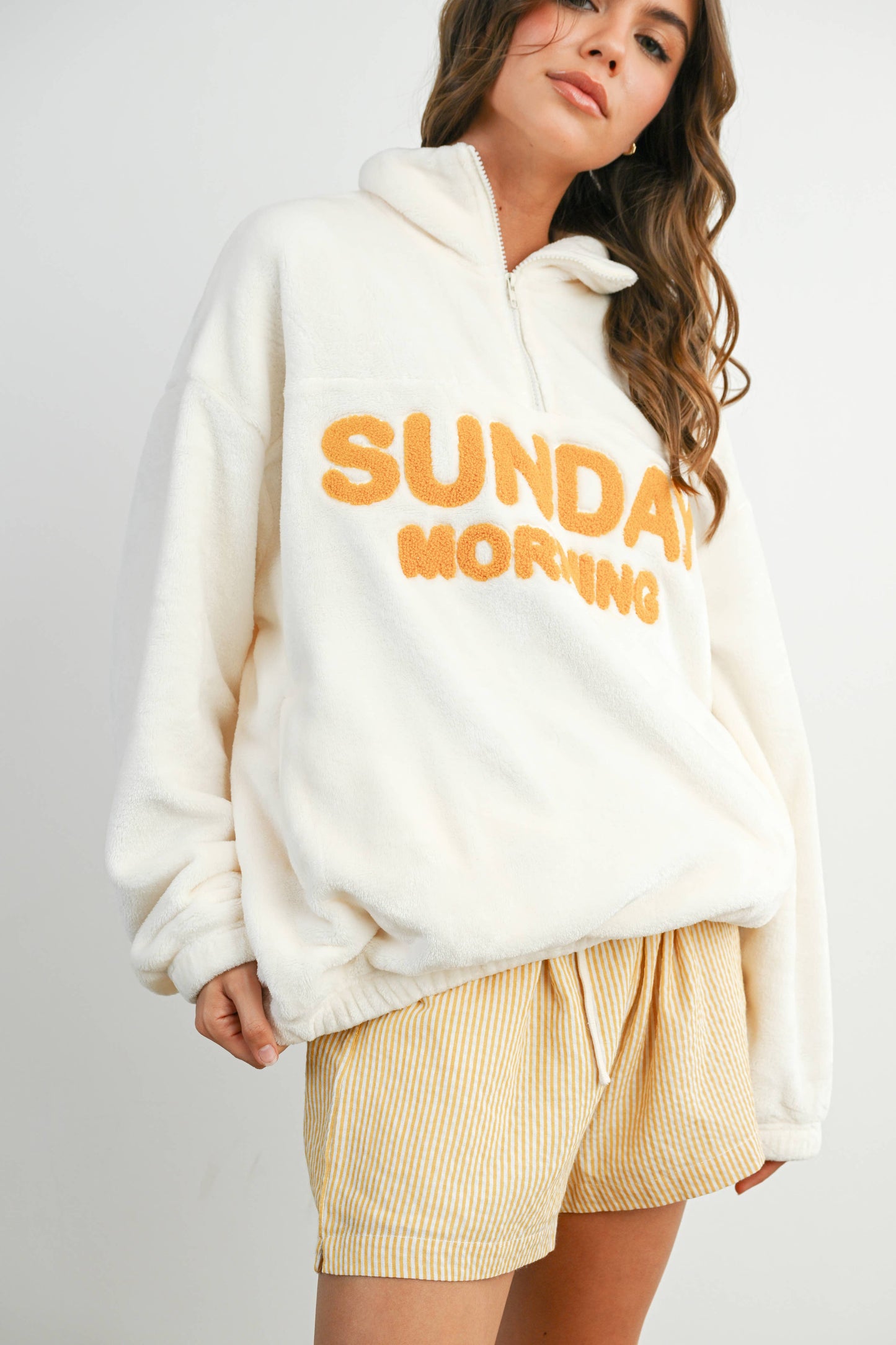 Sunday Morning Half-Zip Pullover Sweatshirt - BMT7579: IVORY / OLIVE / S