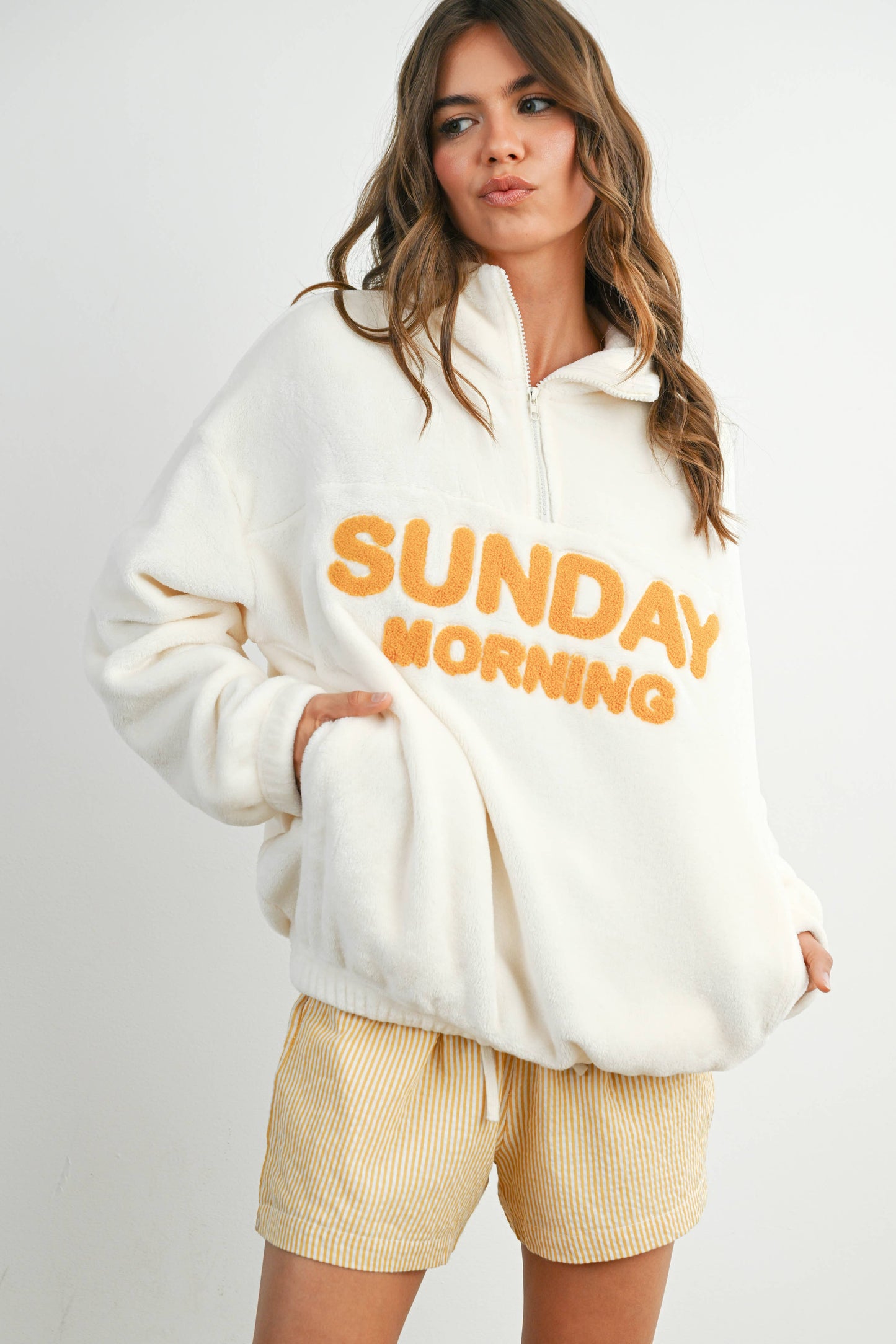Sunday Morning Half-Zip Pullover Sweatshirt - BMT7579: IVORY / OLIVE / S
